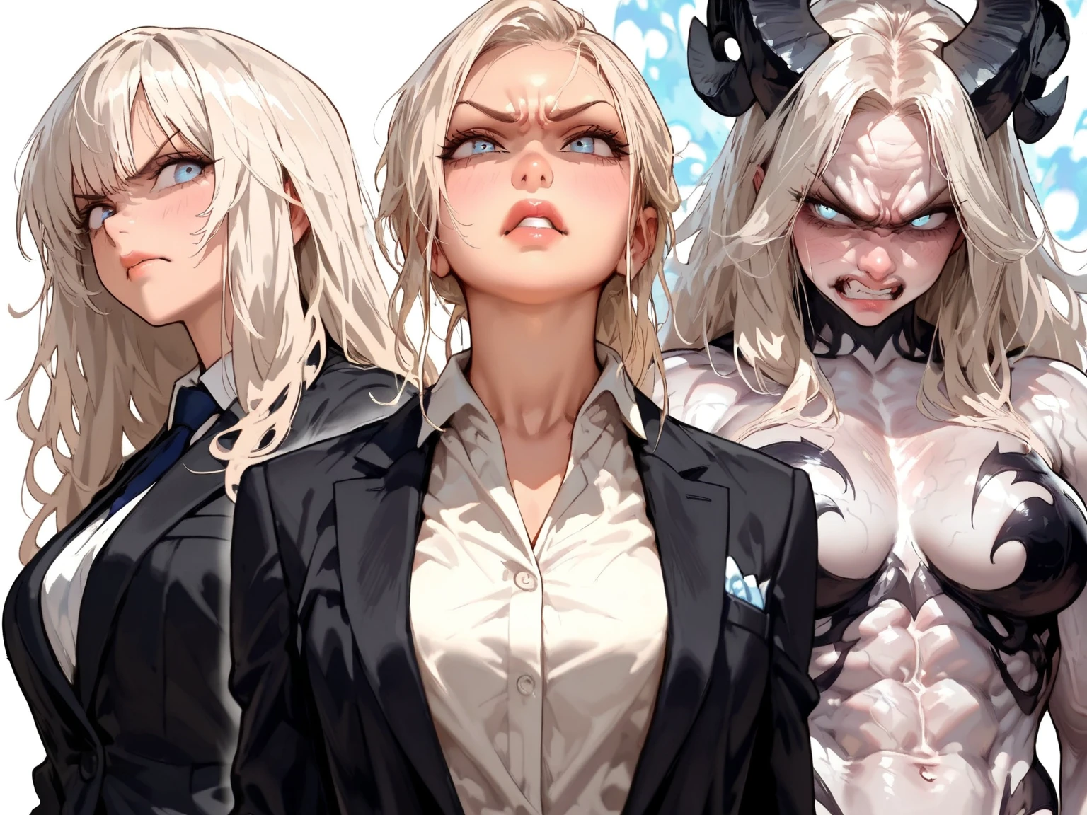 ((8k seios grandes sexy)) ((blue eyes with black and round iris with light ,))((pose simplis corpo))., anime, MULHER,retrato, Melhor qualidade, ultra high resolution, ultra detalhado, tom de cor de alto contraste, extremely detailed lighting, luzes suaves, (obra de arte, alta qualidade:1.4), (Kaneki Ken,VERSION girls ,cabelo branco, olho vermelho e preto, mascarar | Dentes, sangue eyes, jaqueta preta, Scorpio tentacles), sangue, ((corpo todo)), (dynamic pose), fundo da cidade arruinada, Emocionante, (cara feroz)