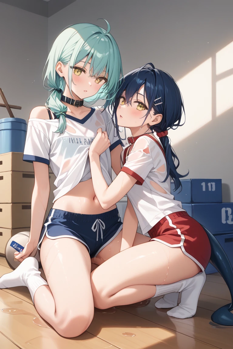 Wrestling, Girl with blue hair,in red sneakers, white t-shirt hugs guy tightly, squeezing his lower back, raised the guy, the guy's feet don't touch the ground, anime, Art, view from the back, dominance