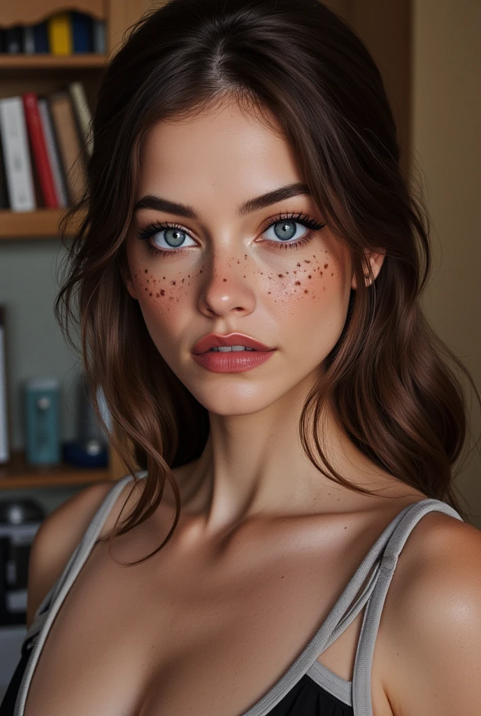 there is a woman with a black collar and a black choker, anna nikonova aka newmilky, hint of freckles, sparse freckles, with freckles, sexy face with full makeup, very light freckles, rosy cheeks with freckles, light freckles, dasha taran, face with artgram, white freckles, small freckles, wearing professional makeup, with professional makeup