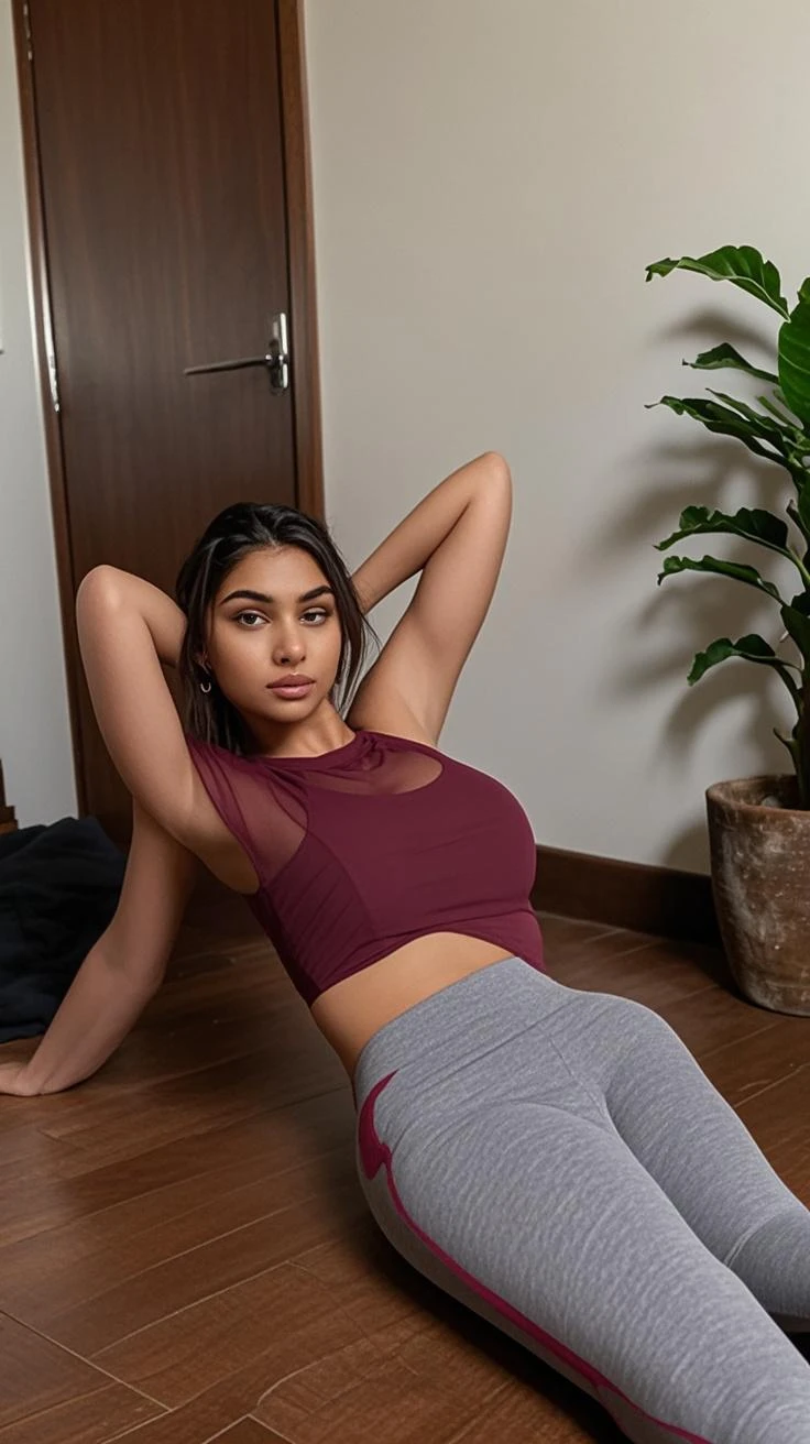 Photorealistic sensual Persian teenage girl tank top upper body gym c cup