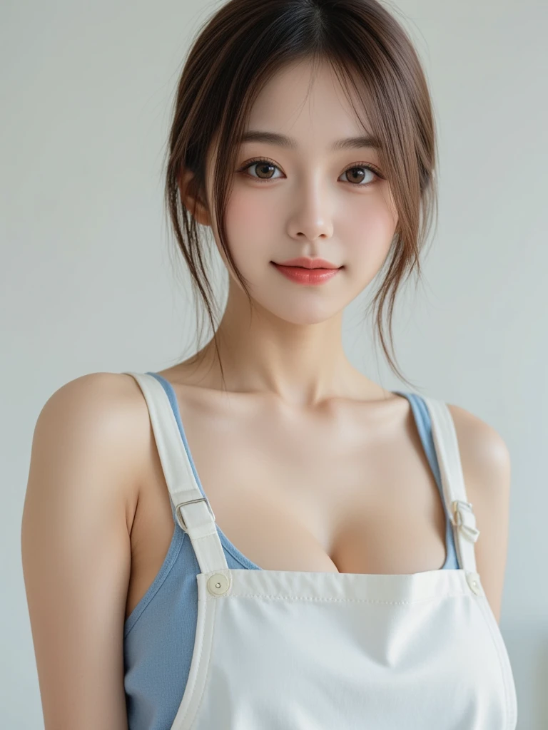 (Best quality, 8k, masterpiece: 1.3), a beautiful woman with perfect figure: 1.2, dark brown hair, wearing a pendant, wearing an apron, in the kitchen, highly detailed face and skin, detailed eyes, double eyelids, big breasts