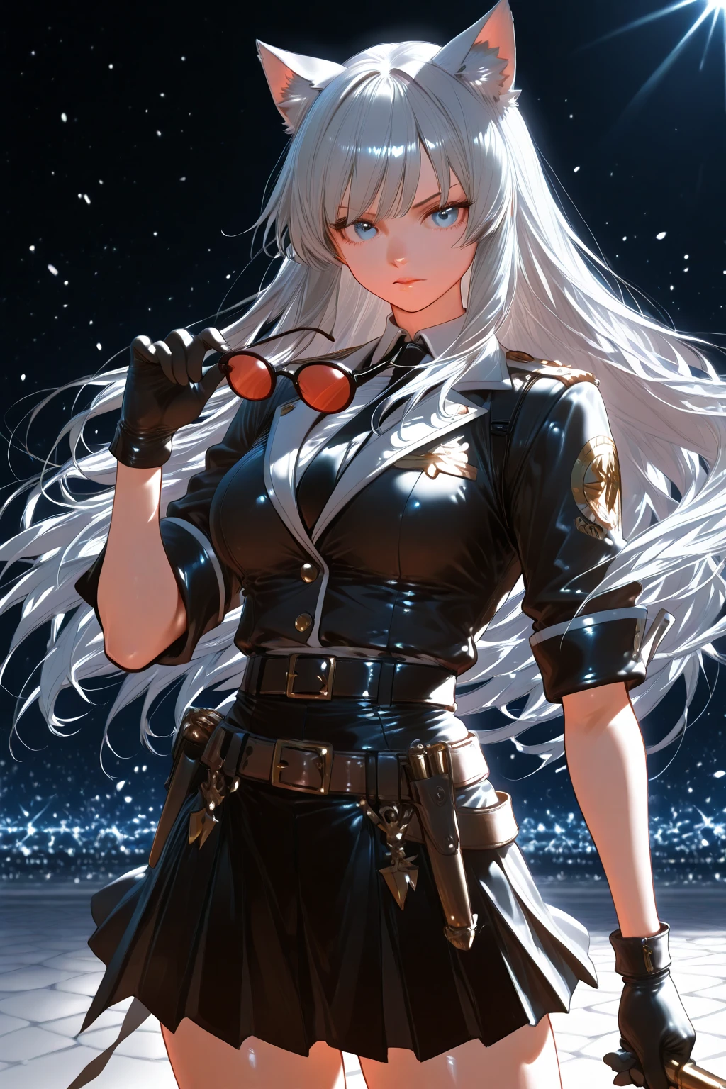 komi shouko wearing a black lobelia, long hair, (white hair), blue eyes, (red eyes:1.2), gloves, hat, dress, cleavage, jewelry, jacket, open clothes, choker, black gloves, military, black headwear, (heterochromia:1.5), black choker, peaked cap, epaulettes, military hat, embarrassing, looking at the camera, full body, perfect lighting, near a well-detailed black car, on a track in a large city at night (night scene:1.2), HDR, ultra resolution , very detailed, masterpiece, ultra quality, 4K HD