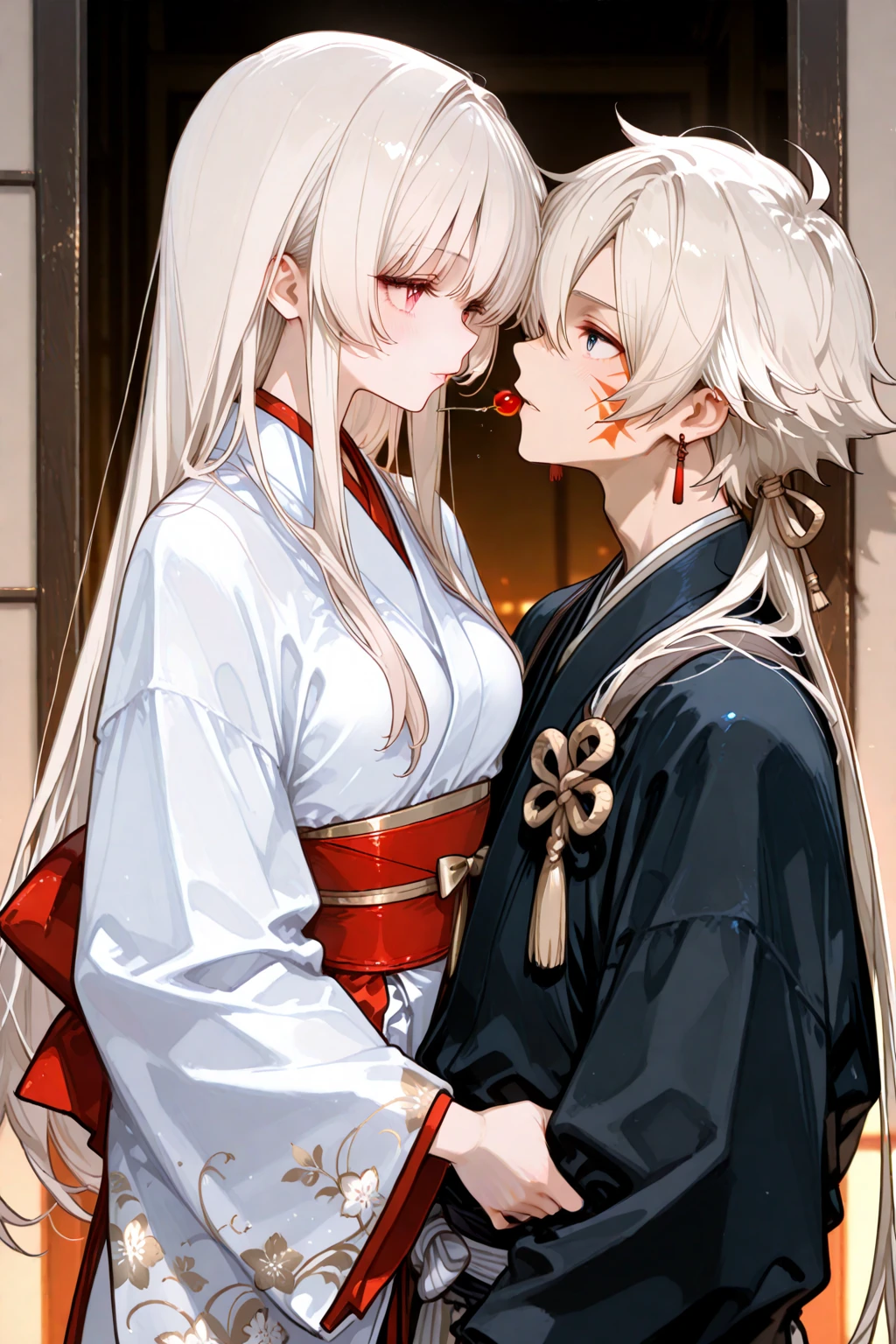 breathtaking score_9,score_8_up,score_7_up,score_6_up,score_5_up,score_4_up,source_anime BREAK 2girls like sun and moon,yin yang orb,blushing,<lora:french_kiss_xl_v1:0.8>,french kiss,(one with golden hair and red dissolving kimono),(one with white hair and black dissolving kimono),hug,
background japanese torii,landscape,detailed background,wallpaper,incredibly absurdres,long hair,dissolving_clothes, . award-winning, professional, highly detailed