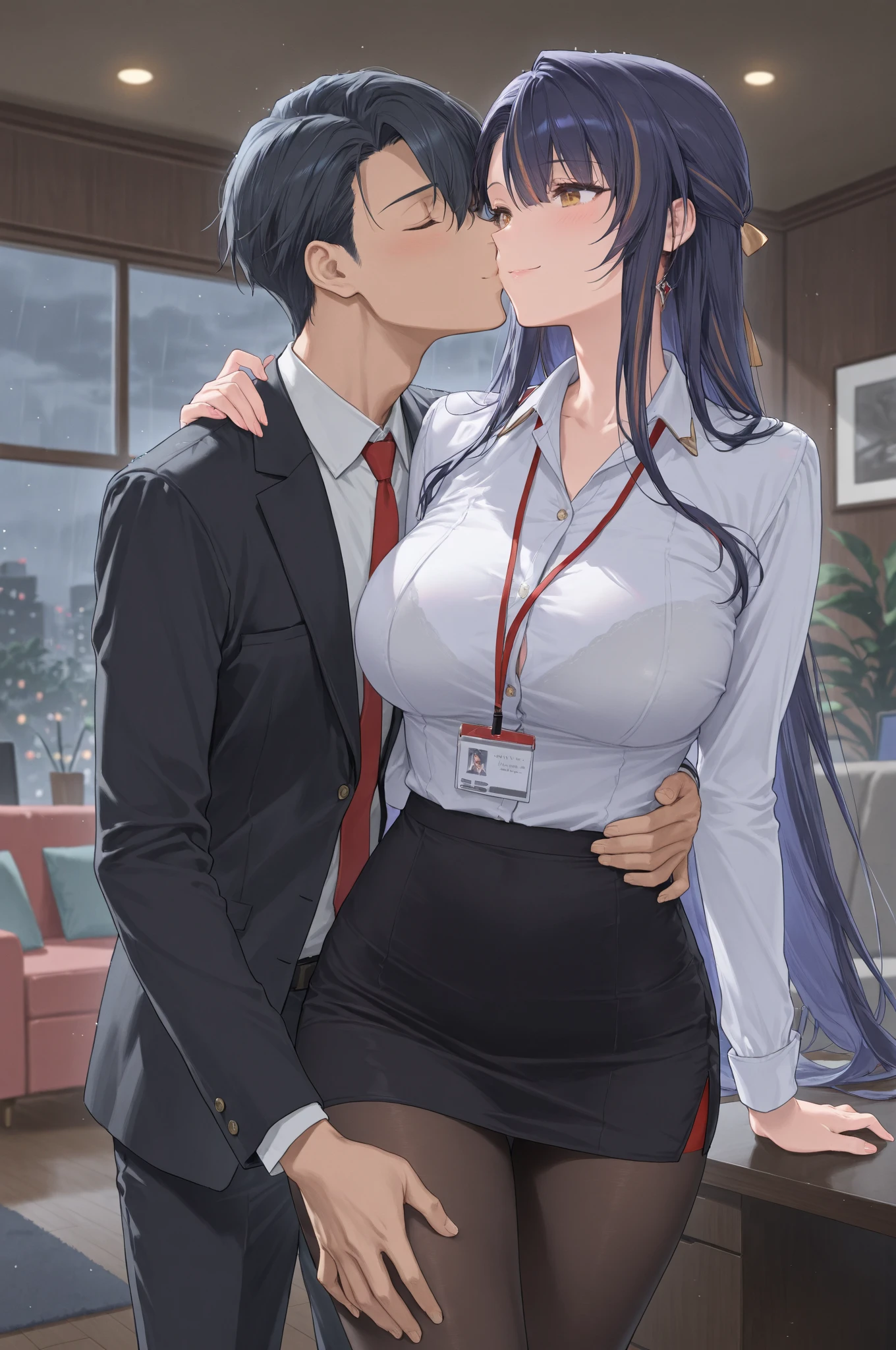 1middle age man, wrinkle face, black hair,bangs swept to the right side, Middle aged man behind girl, touching chest, breatsgrope from behind, grab, grabbing chest,chestgrab behind back, hold breast, hug back, hugging, neck kiss, 1girl, mature woman, black hair, twisted half up, red ribbon, long hair, brown eyes, blue star necklace, white collared shirt, open shirt, unbuttoned shirt, navel, medium breast, pink nipples, white panties, cute, open mouth, full body, long sleeves, cowboy shot, masterpiece, on a dating, blushing, bedroom, night, sit on bed