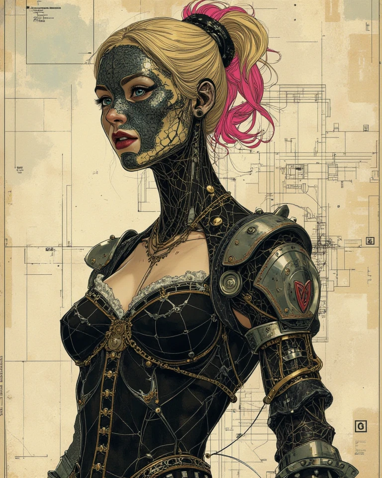 An intricate artwork that brings together key elements from different art periods and styles. The piece draws inspiration from Northern Renaissance engravings' meticulous attention to detail, as seen in the works of Albrecht Dürer, introducing a clear influence of industrial design and digital corruption. The image consists of transparent layers where every detail has been laboriously worked on using lines - imagine a technical blueprint disrupted by glitch art. This merging of historical craftsmanship and technological interference creates an unique aesthetic. The subject of the art piece is a strong slim pretty blonde medieval extremely muscular woman with ripped and vascular muscles and narrow waist, flat abs and six pack and with pink tipped hair, standing in a pin-up pose, suggesting a juxtaposition between the past and the present.
