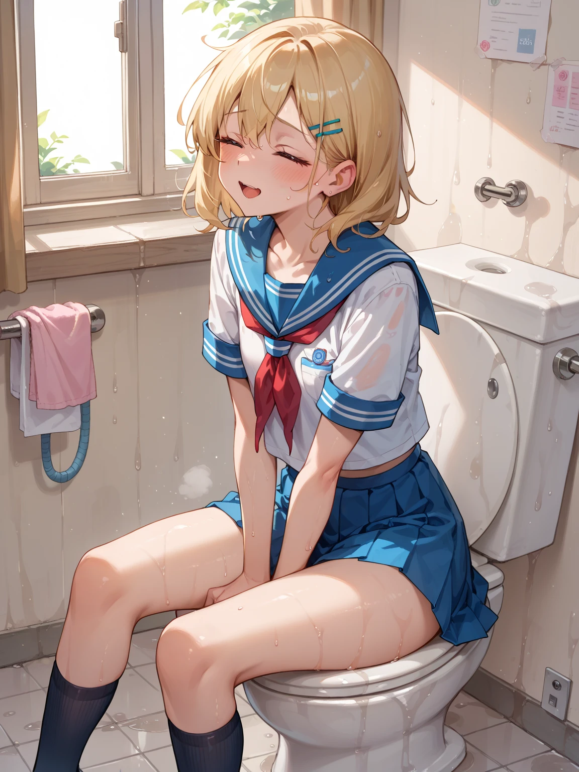 （names）， （（best qualtiy））， （super detailing）， 1 rapariga， Blonde Straight Hair， （（Toilets））， （（Urinal pools））， spread their legs， white  panties， peace signs，， Yellow eyes， 15year old， lean legs， 校服， a skirt， Red eye circles，  drools， White liquid， Wet uniform， sweat leggs， dampness， 耳Nipple Ring，  a black choker， Loose tie， sockes， serafuku， Scarf， Sailor collar， pleatedskirt， white legwear， a black skirt， short- sleeved， The shirt， White color blouse， Black sailor collar， Blue scarf， Beaded bracelet， Clench your wrists， long fingernails， with her mouth open， ssmile， By bangs， little breast，， perfect hand， Hand details， fixed fingers，  high high quality， rich details​， Perfect image quality，