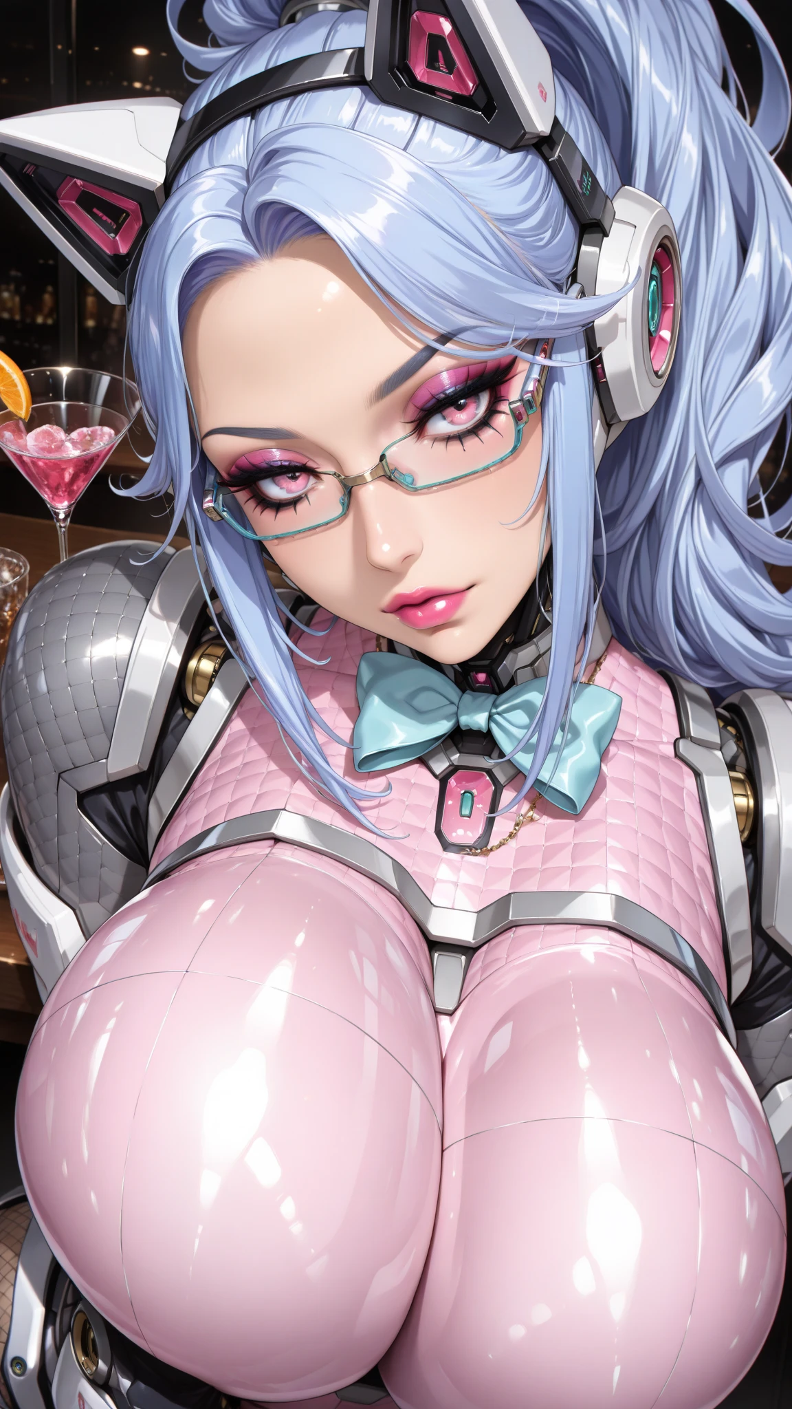 (((Portrait Photo))), She has the Appearance of an Alluring and Professional Young Nurse, with a Voluptuous Figure that Radiates Manipulation and Control. Her Long, Wavy Blue Hair is Elegantly Styled, Falling Gracefully Over Her Shoulders and Framing Her Gentle Face. Her Large, Red Eyes, Enhanced by Glasses, Reflect a Seduction that Exudes Danger and Intrigue, Inviting Both Fear and Desire. Her Expression is Soft and Understanding, with a Hint of a Smile that Conveys an Unsettling Pleasure and Twisted Devotion. (((Portrait Photo))), (((Dark Background))), (((Seductive Pink Nurse's Uniform Accentuates Her Curves))), (((Slightly Reveals Her Chest))), (((Heart-shaped Pupils))), (((Sinister Smirk)))