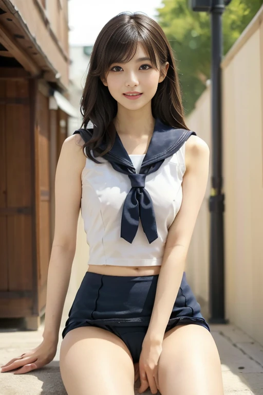 ((Raise your hands to show your armpits、armpit pose、Armpit、Detailed armpit wrinkles、Armpit、Wrinkles under the armpits:1.4、Glossy armpits:1.7、slimy armpits、Armpit tecateca:1.4、full body closeup、Simple white panties on lower body、Sleeveless sailor suit、A smile、red lipsticks、playground、Woman in sleeveless sailor suit and simple white panties、Don't wear skirts!!、sixteen years old))、(​masterpiece:1.3), (8K, Photorealsitic, Raw photography, Top image quality: 1.4), a japanese girl、Standard body shape:1.3、high-ponytail Hairstyle、Super Detail Face、Eye of Detail、二重まぶた、Super detail armpits、foco nítido:1.2、prety woman:1.4、light brown hair、top-quality、​masterpiece、超A high resolution、(Photorealsitic:1.4)、Highly detailed and professional lighting smile、Background of the playground、on the park、Woman in sleeveless sailor suit and simple white panties showing armpits、Woman Without Skirt