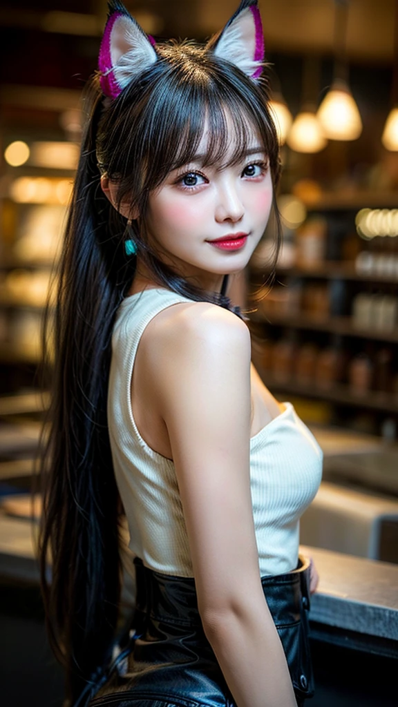 From the side、Cowboy Shot、1 person、(smile, Happy:1.3)、(((Gradient hair from red roots to blue tips)))、See the view、Highest quality、masterpiece、Ultra-high resolution、8k、(Realistic:1.5)、RAW Photos、Perfect body、Big Breasts、Tank top、denim、Earrings、(In the Dark)、Deep Shadow、Discreet keys、(Warm Light)、Sexy look、bangs、Grey Sky、Shibuya、indoor、Buildings、Tower、Shibuyaの街並みが一望できるビルの屋上のカフェ、Drinking coffee by the window、