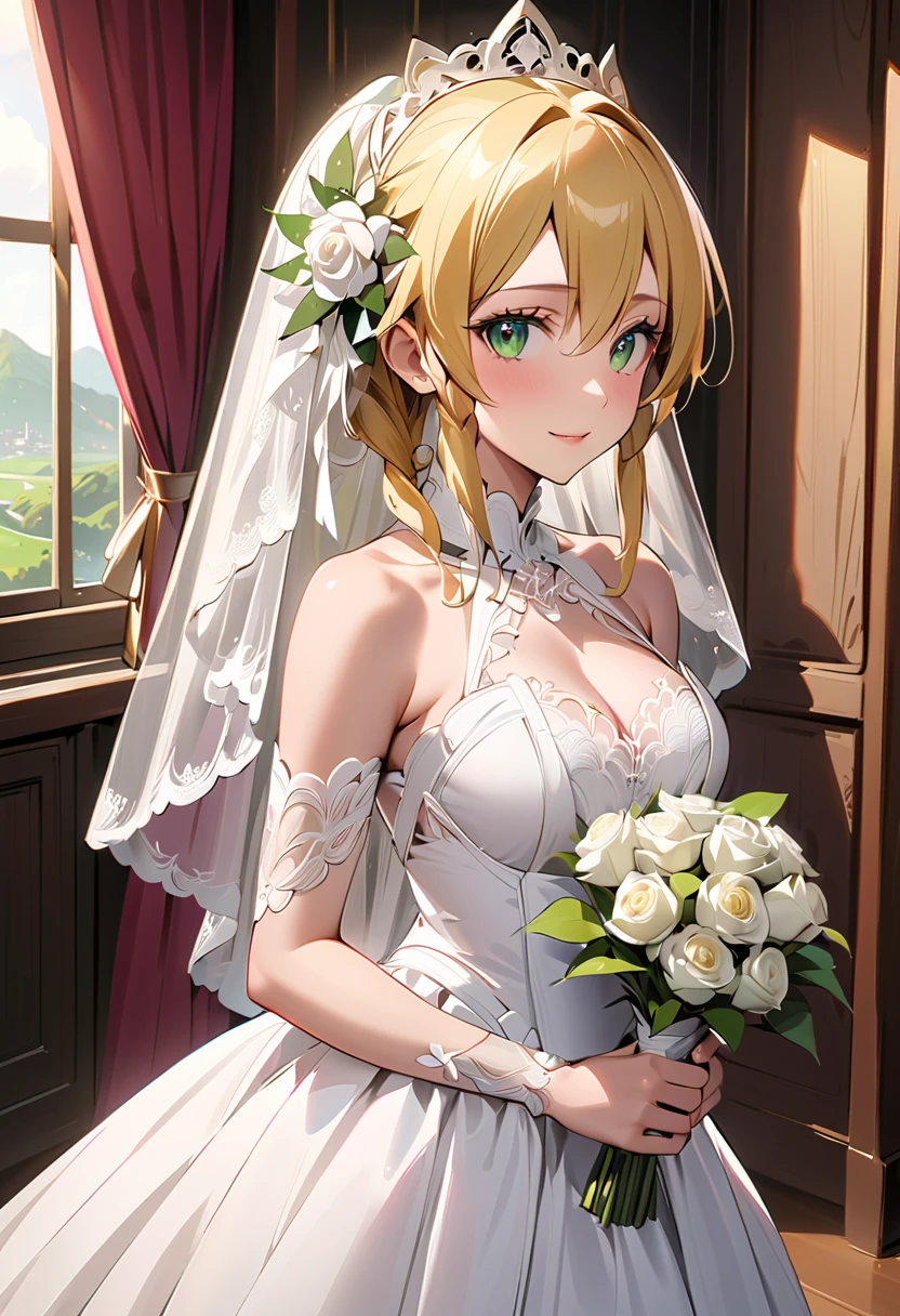 (masterpiece, best quality, game cg,highly_detailed,extremely_detailed_CG_unity_8k_wallpaper,illustration,highres,absurdres:1.2),1woman,solo,pov,(upper body focus,portrait:1.2),cowboy shot,window shade, light particles,<lora:Ange1Ve:0.55> 1girl, solo, blonde hair, red eyes, antenna hair, lipstick, bangs, short hair, shiny hair, best quality, church, stairs, (bride:1.3), (princess:1.2), Beautiful Finger,Beautiful long legs,Beautiful body,Beautiful Nose,Beautiful character design, perfect eyes, perfect face, blush, earrings, lipstick,( bridal veil:1.1), dress, elbow gloves, gloves, indoors, makeup, petals, thighhighs, veil, (wedding dress), white dress, white gloves, white thighhighs, white garter belt, hair flower, uchikake, (see-through legwear:1.2), (red roses,flower bouquet,holding flower bouquet),climbing stairs,looking at viewer, breasts, normal breast, (smile:1.2),(adjusting hair), naughty face, looking at viewer, breasts, collarbone,