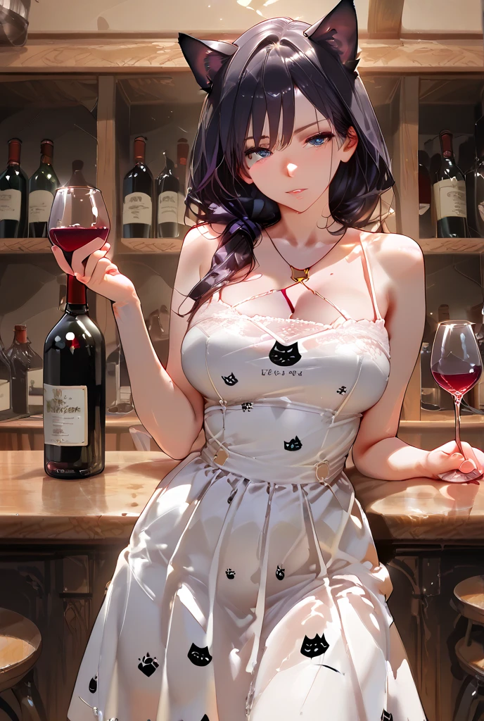 Adult Female, Mature, shy, blushing, short messy dark red hair, shoulder length hair, beautiful make up, dress, sitting in front, dinner table, fancy resturant, table with wine, night time, window seat view, highly detailed, best detail, excellent detail, perfect anatomy, perfect hands, perfect fingers