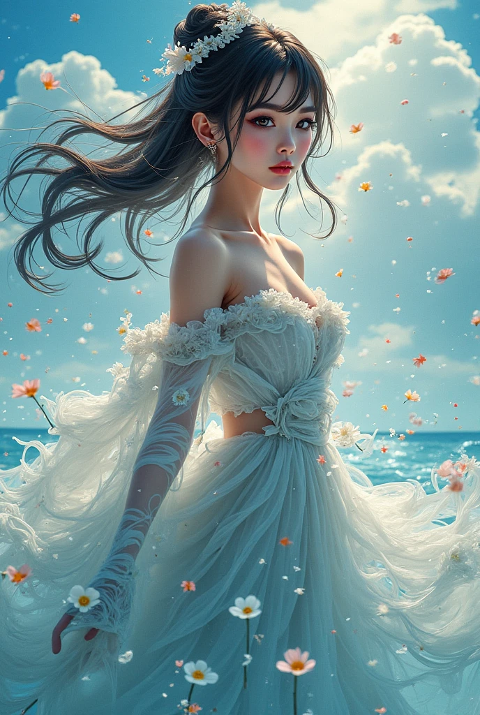 Araaf woman with large breasts, He dressed himself from the water of the sea., wearing an luxurious outfit, luxurious dress, complicated dress, ชุดน้ำluxurious, luxurious and elegant, Dress extravagantly, Inspired by Hedi Xandt, luxurious attire, Intricate costume, luxurious royal gown, luxurious clothing, luxurious gown, Intricate and elegant, Dress with intricate details, luxurious , high-heels, royal outfit, detailed hands, body water, fire set, Water element, water wings, transparent clothes, Masterpiece, best quality:1.2),,(8K,height,raw image,realistic,photo-realistic:1.3),(Fine texture,Fine fabric,Detailed flame texture, Beautifully detailed face:1.25),professional lighting,Photon mapping,beautiful soft light,Radiation,Physical rendering,Ray tracing, Modeling style, Modeling style, (วอลล์เปเปอร์ CG unity 8K ที่มีรายละเอียดมาก), Full-length photos of the most beautiful works of art in the world, (no), (bare), (bareเปล่า), (tits)