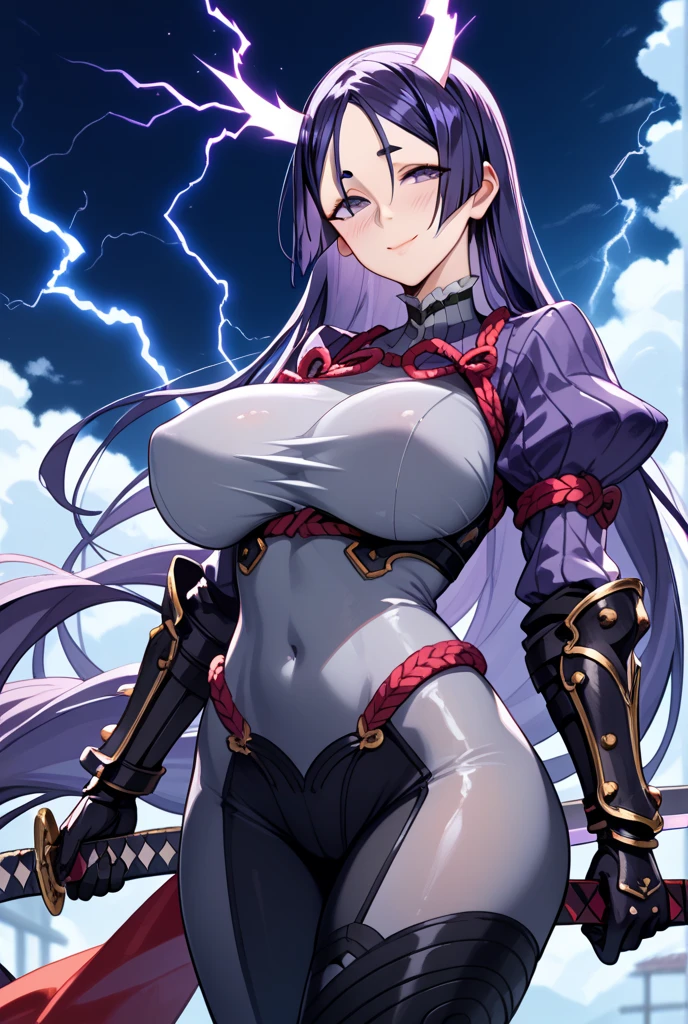 Best Quality, 8k, High resolution, high quality, masterpiece, Beautiful, (Anatomically correct:1.2), A beautiful woman, 20th Generation, Silky gray hair, Straight Long, long bangs that hide one eye, Red eyes, Beautiful Skin, Tall and toned body, pointy big breasts, Black kunoichi costume, Carrying a sword on your back, valley, Model pose, night, skyscraper, evil grin, face focus,