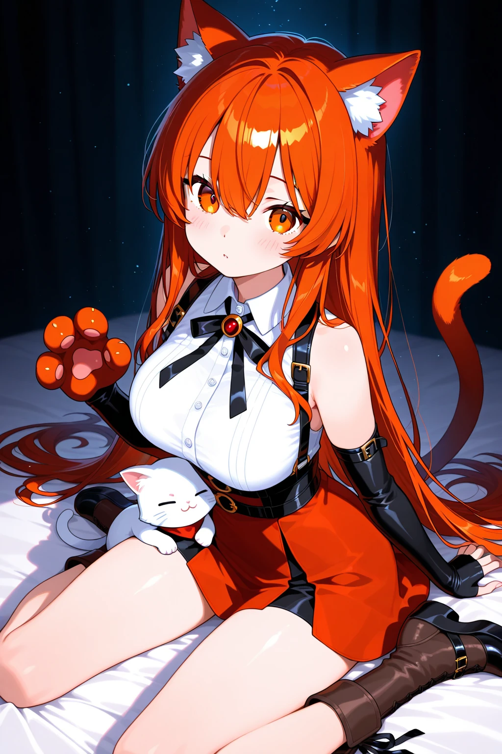 Red hair, red eyes, long hair, red fox ears, red fox tail, ZZZ_CUP(HUGE_CHEST),Inside the stomach of a red-haired fox Gir long silver hair, white fox ears, and red eyes