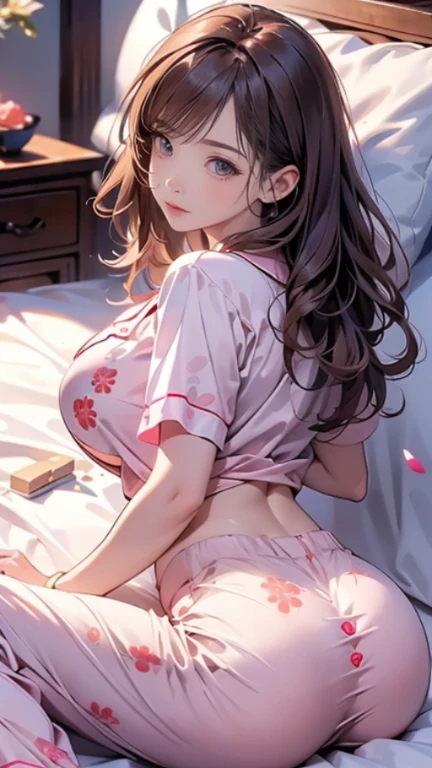 Coquette girl, long brown wavy hair, big breasts, sexual seductive pose, huge breasts, wearing cute pajama to and booty shorts, wearing pink bows, in her room, laying down on her back, in bed, just waking up in the morning