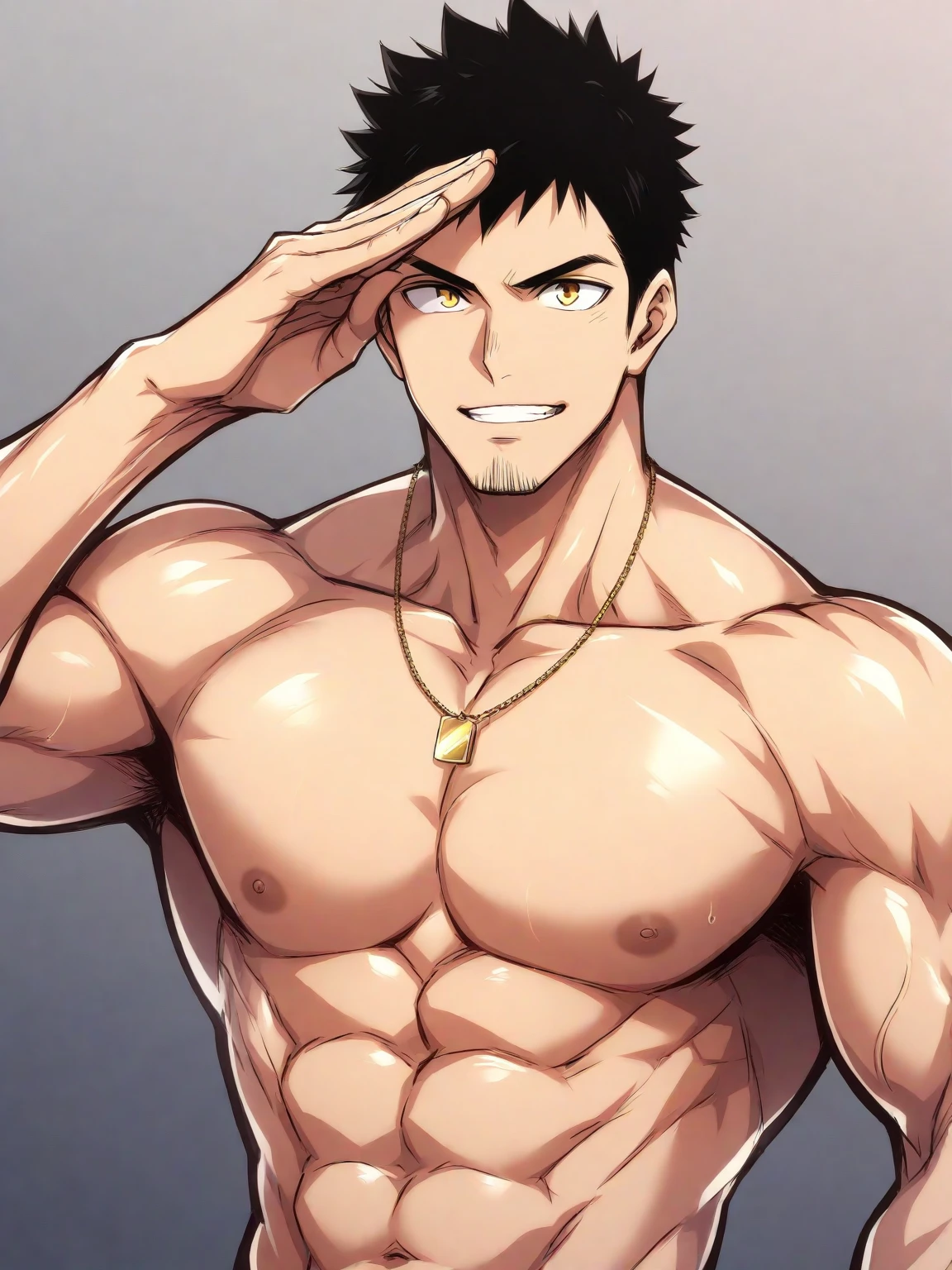 Roy Mustang from Full Metal Alchemist, shirtless, focused from below the chest, smug smile, making poses of bodybuilder