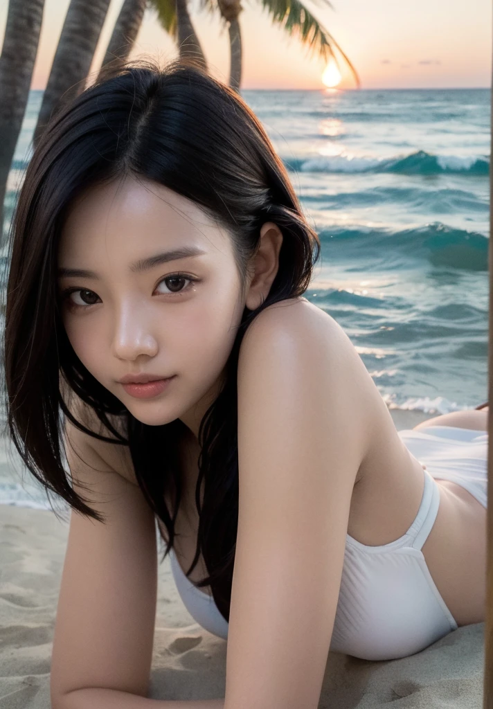 Top Quality, Masterpiece, Ultra High Definition, (Photorealistic: 1.4), Raw Photo, 1 Girl, Off Shoulder, Low Key, Cold Light, Smile, Shore, White Bikini, Small, Sheer
