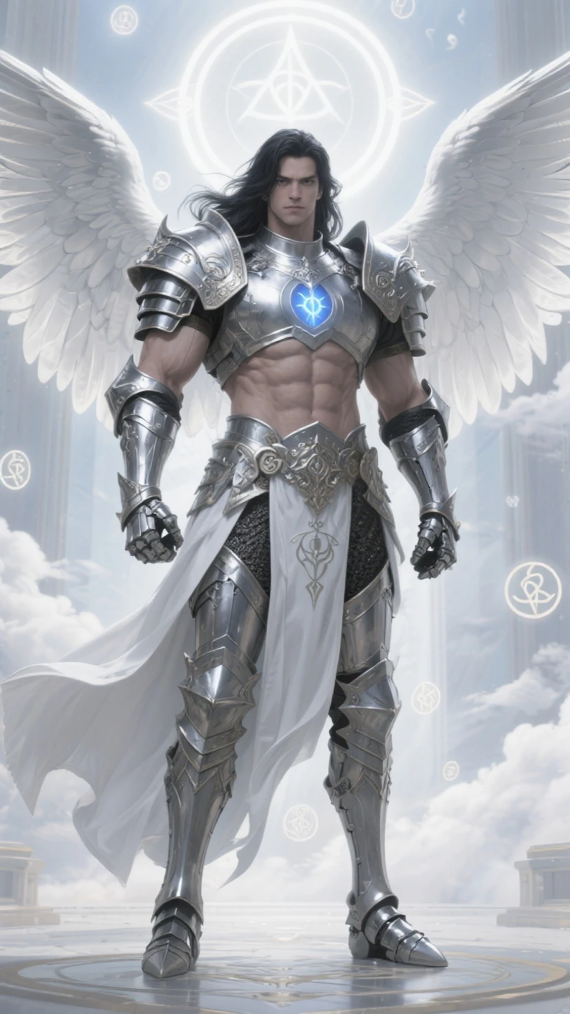 ((Best quality)), ((masterpiece)), (detailed), ((perfect face)), ((halfbody)) perfect proporcions,He is a handsome angel, 25 years old, white hair, he has white wings, He wears silver armor, angel wings, he has honey-colored eyes, There is a pink sky behind him, muscular male, he is a warriorangel, There is a sunset sky, he spreads his white angel wings there is a lake in the background, he has a metal belt, ((perfect face))