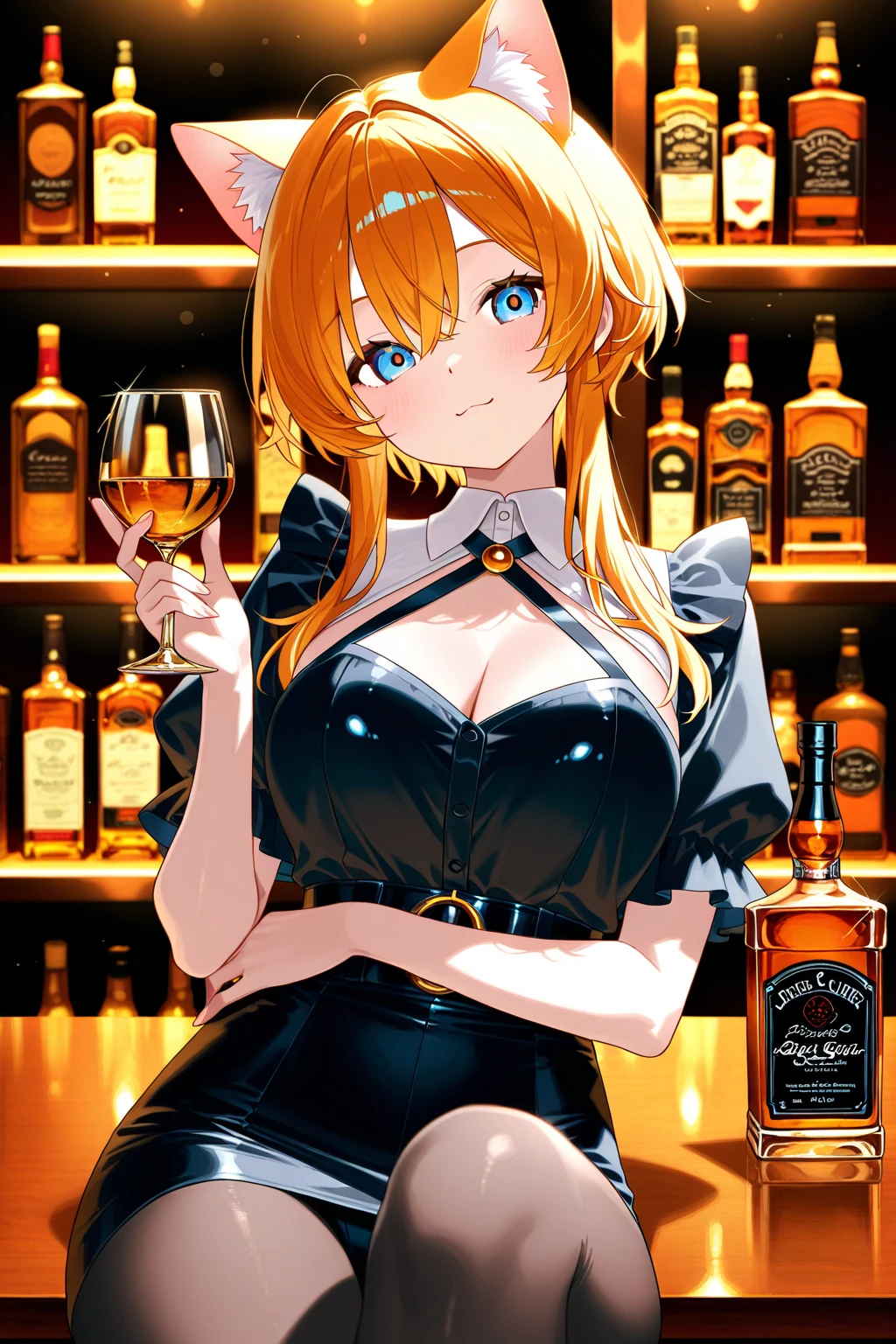 (masterpiece:1.3, Highest quality, Ultra-high resolution, Super detailed), (Realistic, photoRealistic:1.4), Beautiful illustrations, Perfect lighting, Natural light, colorful, Depth of written boundary, NFSW,
View your viewers, Side Shot, Cowboy Shot, 1 Girl, Japanese, 20-year-old, Perfect Face, (Perfect Anatomy), Cute and symmetrical face, Baby Face, Shiny skin,
(Long ponytail Hair, Curvy Hair, Blonde), Swept-apart bangs, blue eyes, Big eyes, Long eyelashes, (Large Breasts:0.8, Captivating thighs, Big Ass),
Beautiful Hair, Beautiful Face, Beautiful attention to detail, Beautiful clavicle, Beautiful body, Beautiful big breasts, Beautiful thighs, Beautiful feet, Beautiful fingers, break,
Playboy Bunny Girl, High cut leotard, Black bow tie, White cuffs, Thighs wrapped in fishnet stockings, Black rabbit ears, The rabbit's tail comes from the donkey, Have a drink, ,
(Beautiful views), Daytime, (bar counter, over the counter:1.4), (Captivating smile, Upward glance),