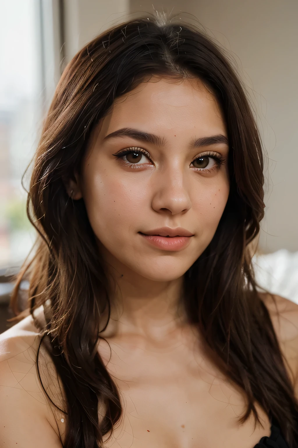 A pretty girl with a slim physique, splattered nose, thin and straight soft eyebrows, Short eyelashes, long hair, small ears and light skin tone