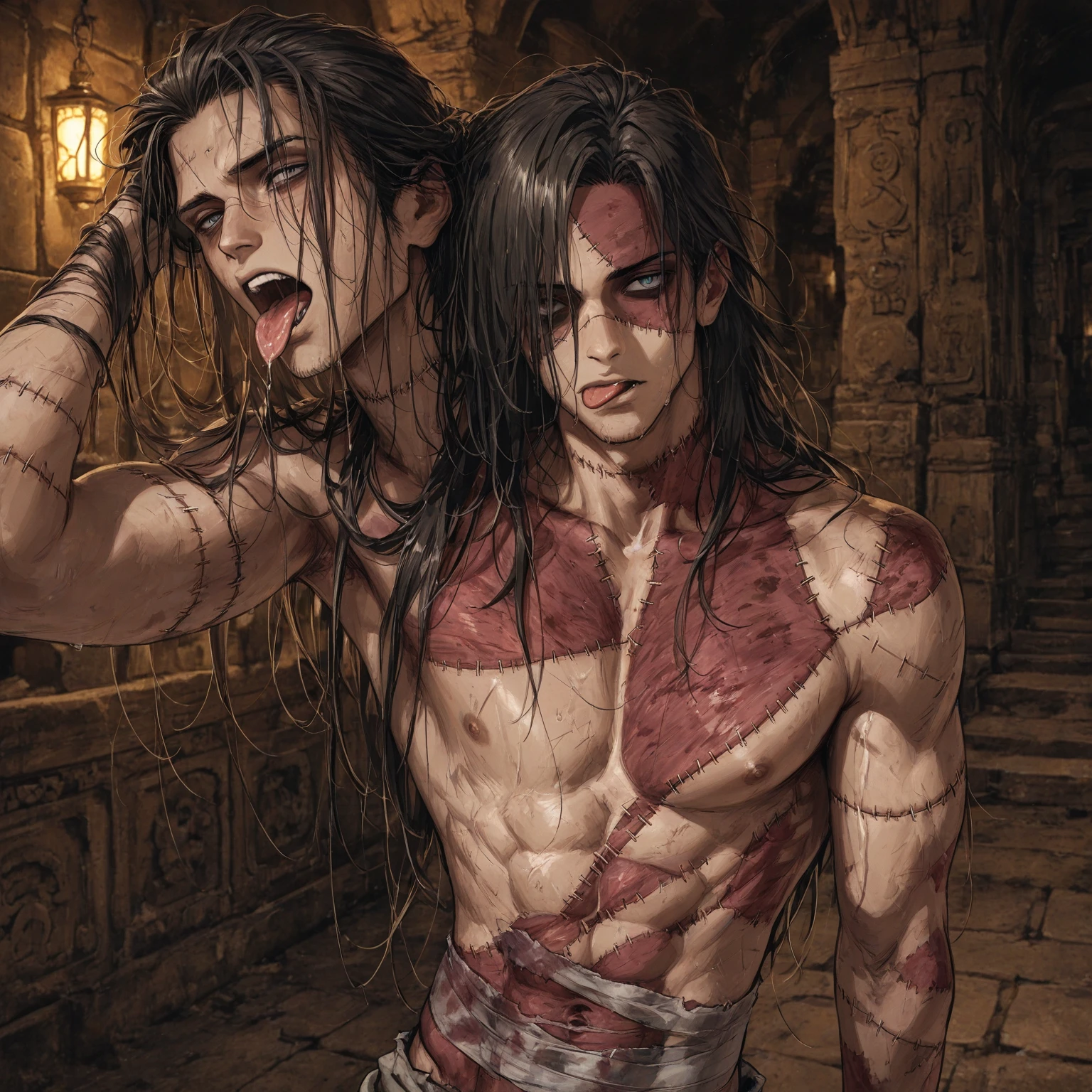 anime style, 25 years old, Brown skinned man, yandere look, yandere expression, Black hair, half of his body exposed, our point of view is crouching and looking at him from below, he looks down, he holds the leash, stands looking at us, top less, abs