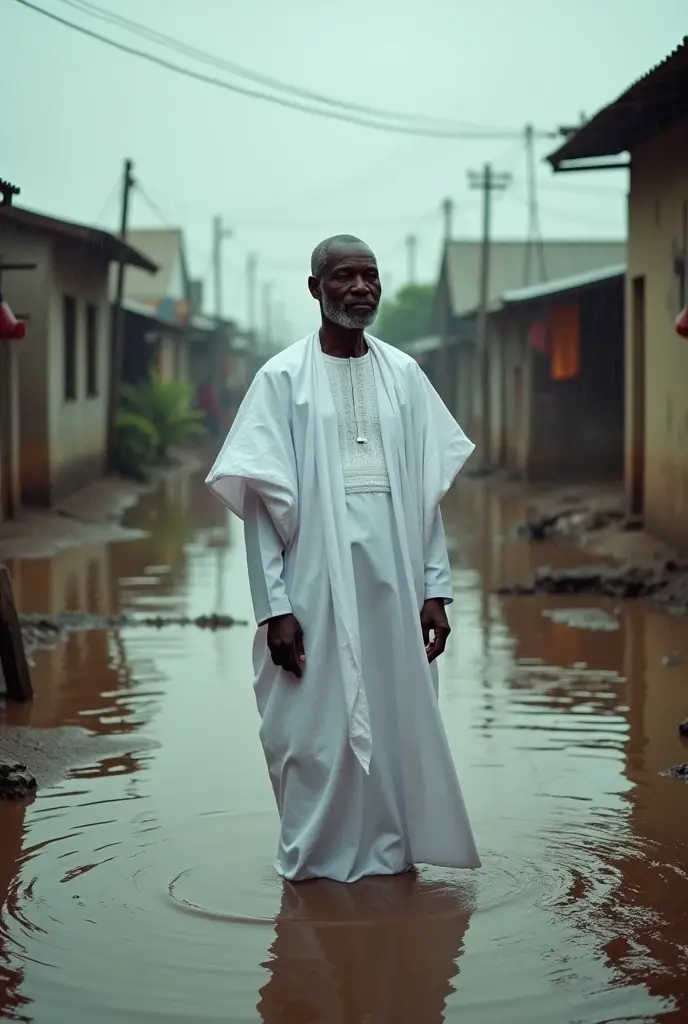President of Chad standing in white boubou in flooded street of N'Djamena