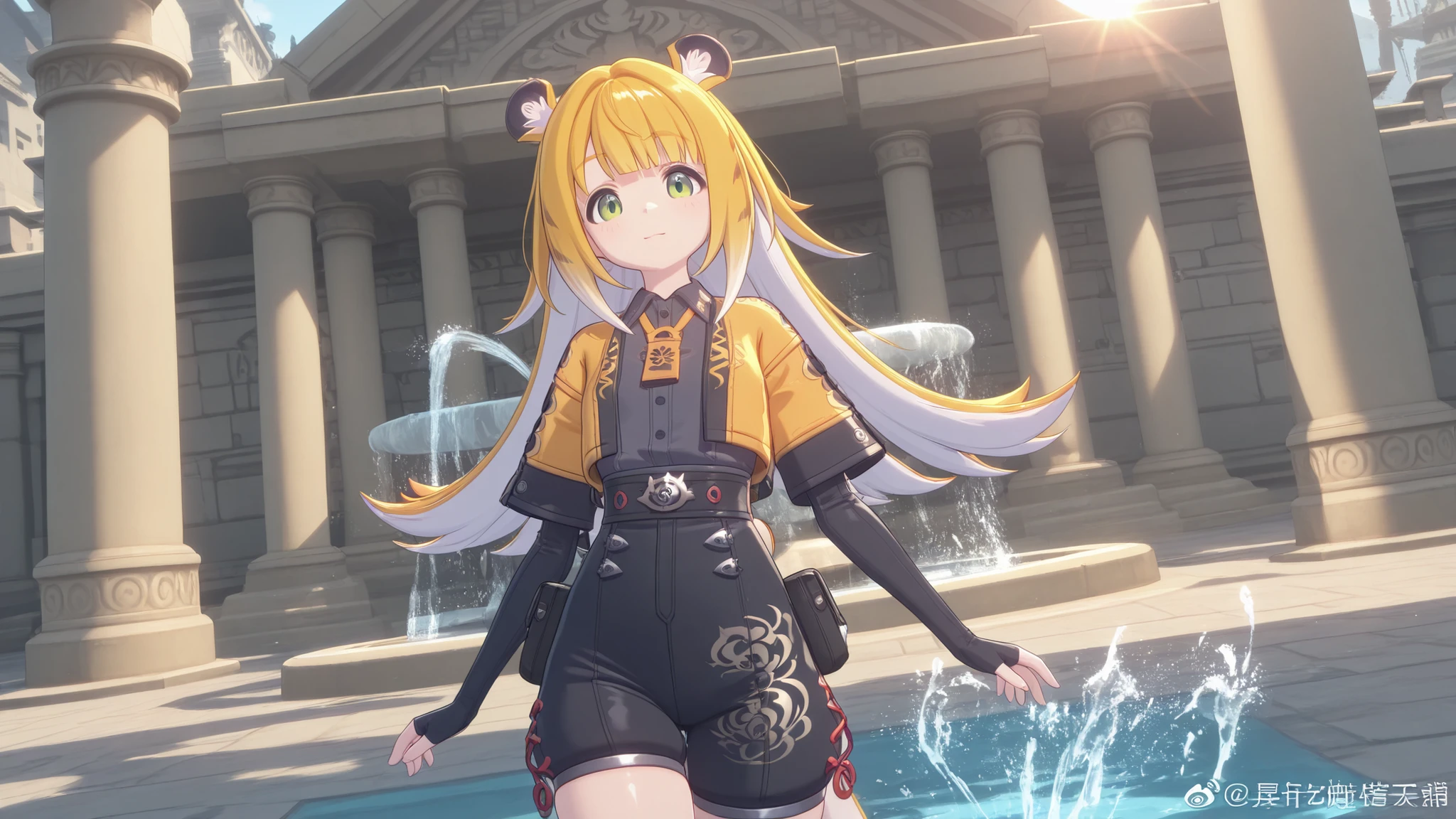 jufufu, shiny skin,  modest pose , показывает когти
одна
shine, shine, sun beam, fountain  ,splashes of water in the background, the temple 
, Looking at the viewer, joy