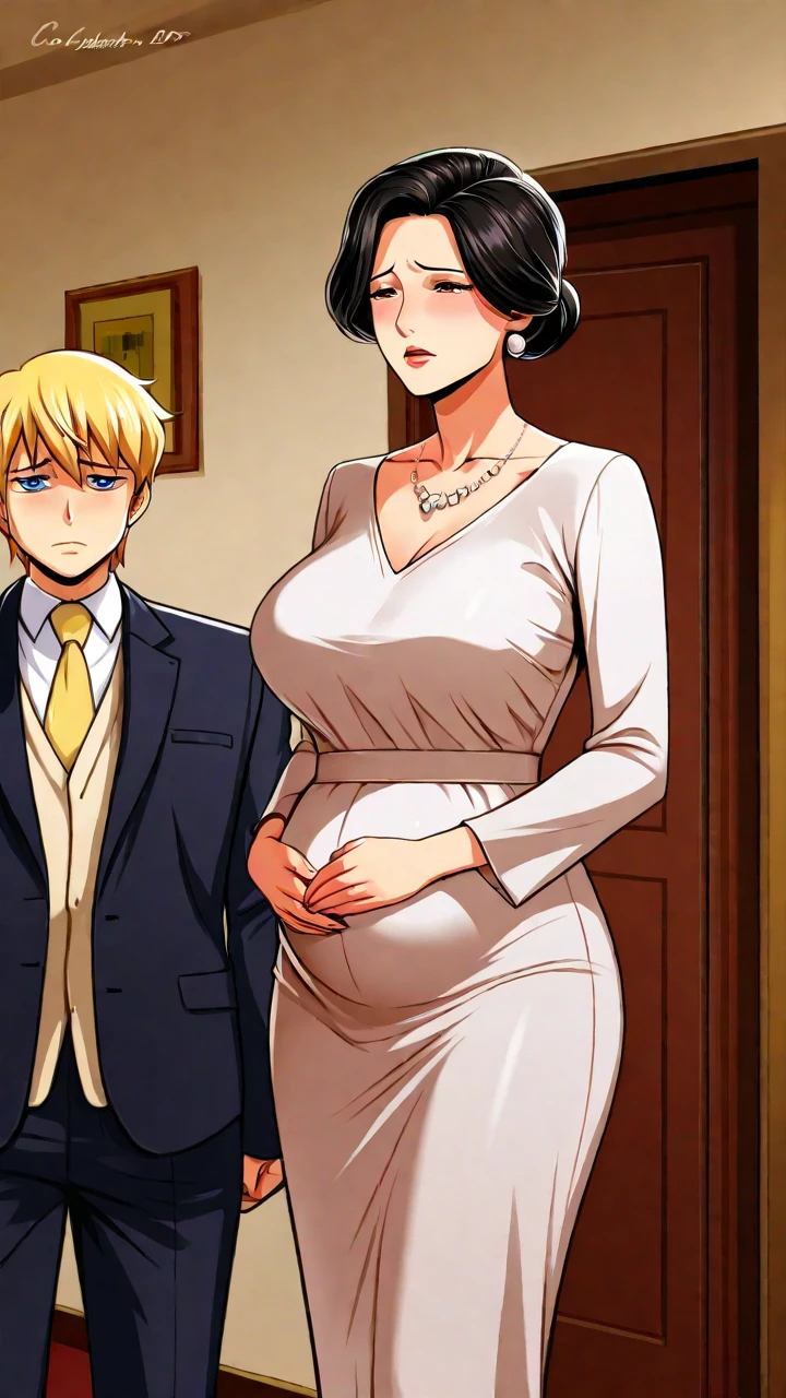 a beautiful young woman with long blonde hair, large breasts, slender legs, and a perfect figure, wearing a white wedding dress and veil, standing in a hotel room, holding the hand of a young