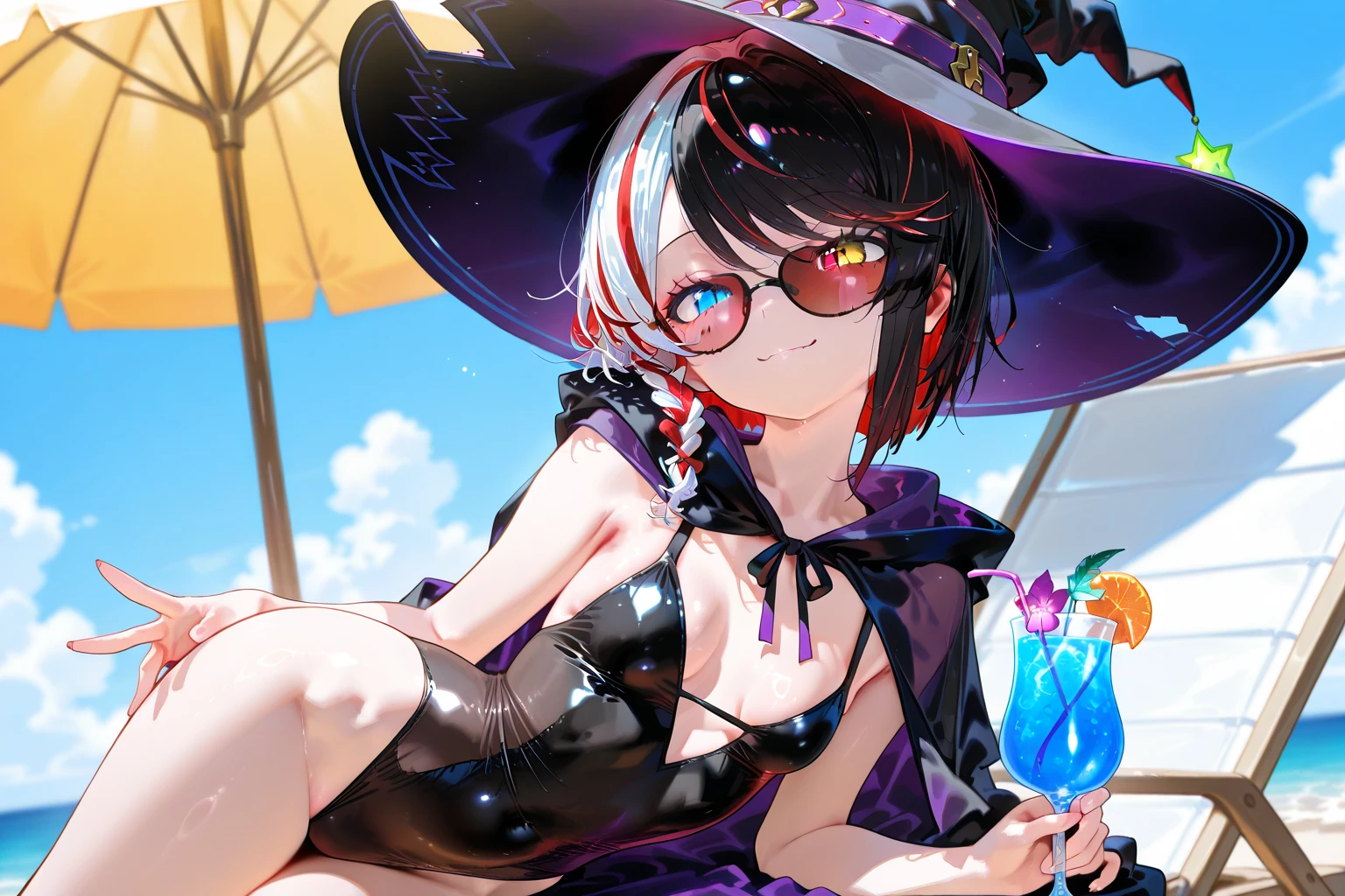 A girl stands in a hot spring with a view of the night view of Lake Suwa late at night、She has a short bob with a white lob of hair and wears a large black witch hat with sapphire jewelry.、A high school student wearing a navy blue bikini with a white ribbon on her chest.、She wears a large witch&#39;s hat with a small sapphire accessory、A few star creams、Beautiful starry sky、Beautiful night view、large witch's hat 、Navy blue bikini pants that dig into your stomach、Small breasts、A cup breasts、紺色のFull cup bikini topには白いフリルが付いています、Small breasts、Full cup bikini top、Slightly swollen breasts、Not big breasts、