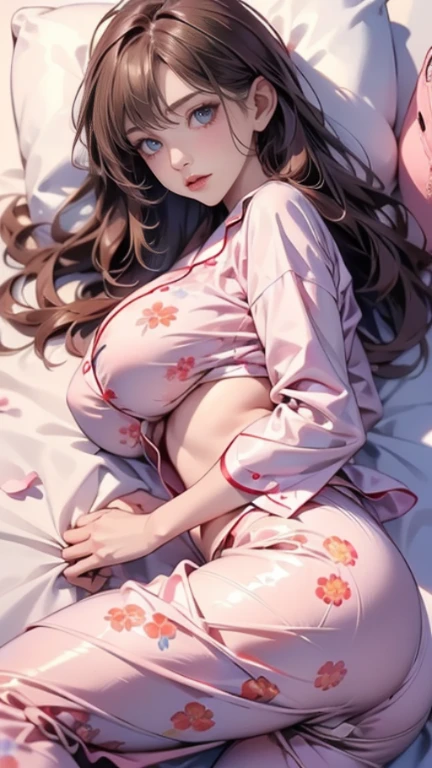 Close up portrait of glamorous Japan girl at 18 years old lying on her back and sleeping in bed, Looking away, pale pink medium wavy hair, Perfect closed eyes, (Sleepy face :1.4), (Unbuttoned pajamas:1.4),No bra, Colossal tits , Valley, Chest flicker, , (Opening legs:1.5), Bare legged, Solo Focus