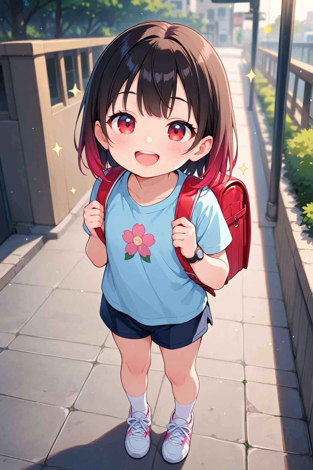 masterpiece, Highest quality, High resolution, Very detailed,(((small))), (((smile)))、(((running))), (((Carrying a school bag。))), (((Sidewalk))), (((cherry blossoms))), (((Light blue T-shirt))), (((White Skirt))), (((Red eyes))), (((sneakers)))