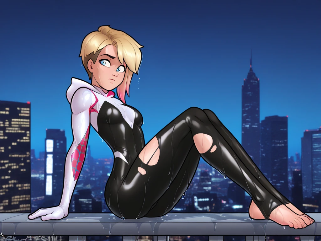 highest possible image quality, Gwen Stacy is taking a selfie and showing off her body. She is taking off her gym clothes, revelando seu corpo apertado e em forma, seios pequenos, calcinhas, fat pussy lips are wet, seios pequenos. camel toe, fat pussy lips, roupa completa