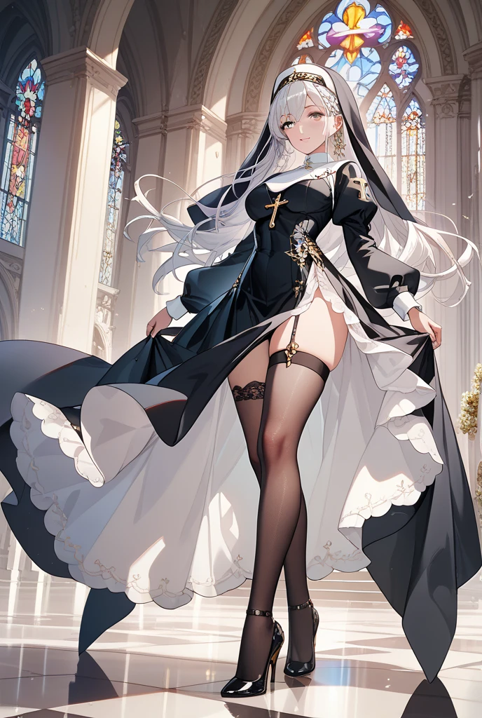 an anime style illustration of female with legs spread open and spread legs,nun, 1girl, solo, (((mature female,adult female))),underwear, white panties, thighhighs, long hair, (skirt),in church,happy,blush,cleavage,thong,squatting,from below