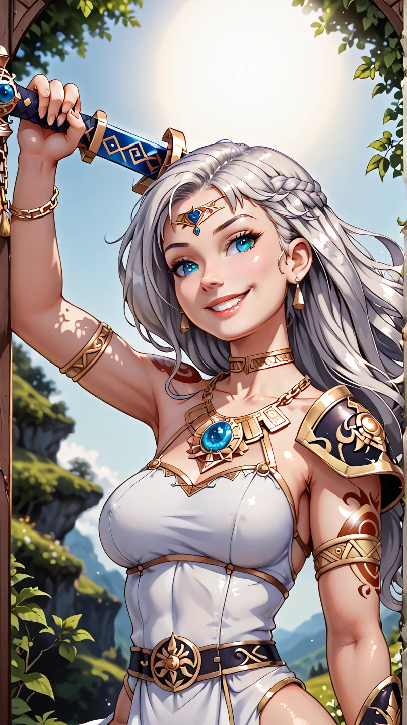 ((masterpiece), best quality, high quality, professional quality, highly detailed, highres, perfect lighting, natural lighting), Druid protecting the forest from invaders, Virtuoso, Short, Muscular, Square Face, Fair Skin, Gray Hair, Green Eyes, [[Curved Nose]], Full Lips, Receding Chin, Mutton Chops, Very Long, Quiff, A volcanic wasteland, with rivers of fire flowing into a molten sea,time-bending, brave space explorers, A world with unpredictable gravity fluctuations, leading to floating islands and erratic weather patterns., Ocean World, griffin, unicorn,An ethereal creation that transcends reality, transporting the viewer to a dreamlike realm, Amidst a tapestry of delicate petals, a secret garden reveals, its intricate blooms unfolding like a tale of mystic charm, Arrayed, Starlet, Average Height, Fit, Triangular Face, Tan Skin, Golden Blonde Hair, grey-blue Eyes, [[Curved Nose]], Thin Lips, Prominent Chin, Shoulder-Length Hair, Coarse Hair, Side French Braid, large breasts, Clip-on earrings, berry velvet lipstick, Shimmering luster that adds a touch of elegance and allure