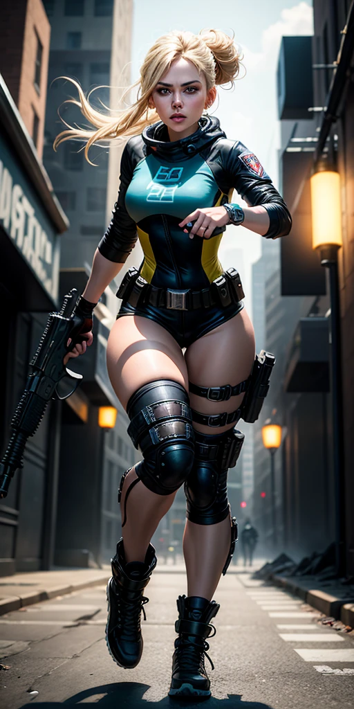 Woman, European and American, Reality, (Berets) (Headphones) (High Fork Tights Police Uniform, Police Logo) (Pantyhose Fishnet Socks), (Lips slightly open, Light Smile), (Shiny Skin: 1.1), Blush, (Looking at the Audience), (Bodybuilding), (Full Body), Masterpiece, Highest Quality, High Resolution, Absurd, Realistic