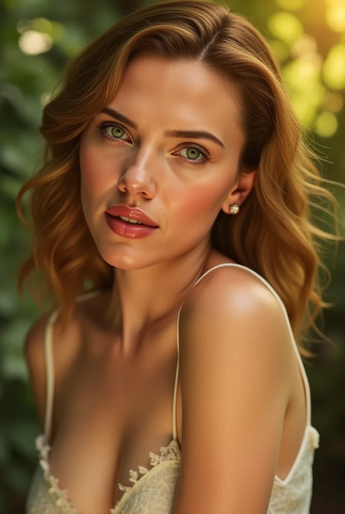 4k, Realistic, Very detailed, lente grande angular,Scarlett Johansson with large breasts and naked kneeling and looking with her mouth open super realistic with great riches of detail and shadows captured by a Cannon camera (master part, best quality), super HD, 32k --v 6