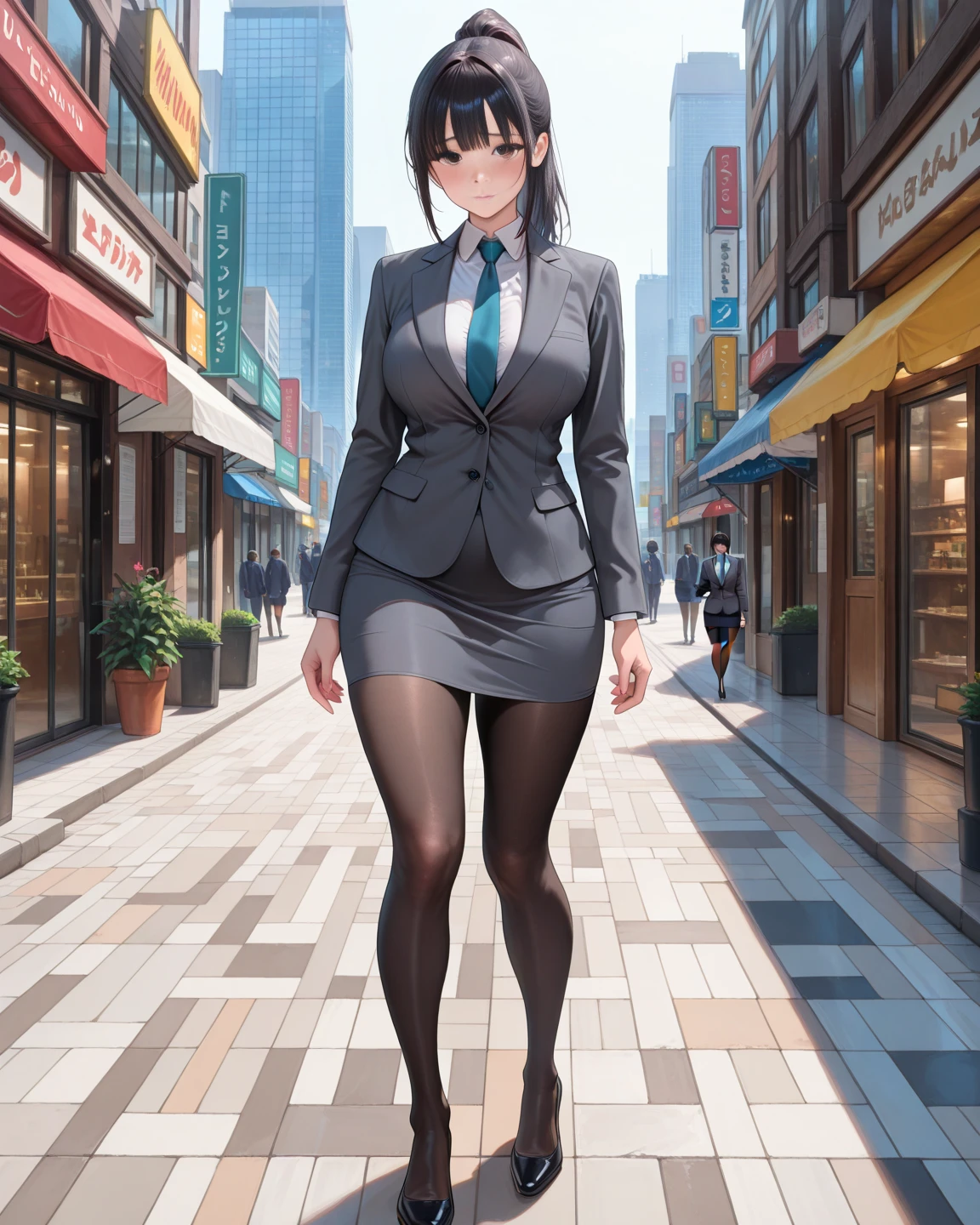 masterpiece, best quality, detailed face, autopaizuri, 1girl, dark hair, long hair, embarrased, penis under clothes, dark pencil dress, between breasts, bulge, tights, walking, outdoor, street, crowded, city, <lora:autopaizuri-20:1>
