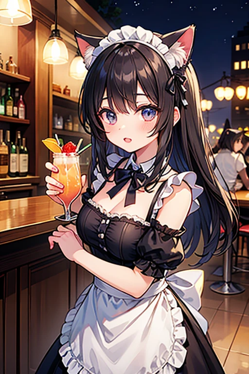 (masterpiece, top quality, detailed drawing, beautiful hair, beautiful eyes, perfect face, perfect anatomy), crowded bar, short twin tails hair, black hair, very baby face, droopy eyes, heterochromia, pink eye, orange eye, very huge breasts, height 145cm, 13 year old girl wearing big bunny ears, smiling and carrying drinks wearing big bunny ears and a max super very minimum bunny-girl outfit, smiling and serving drinks