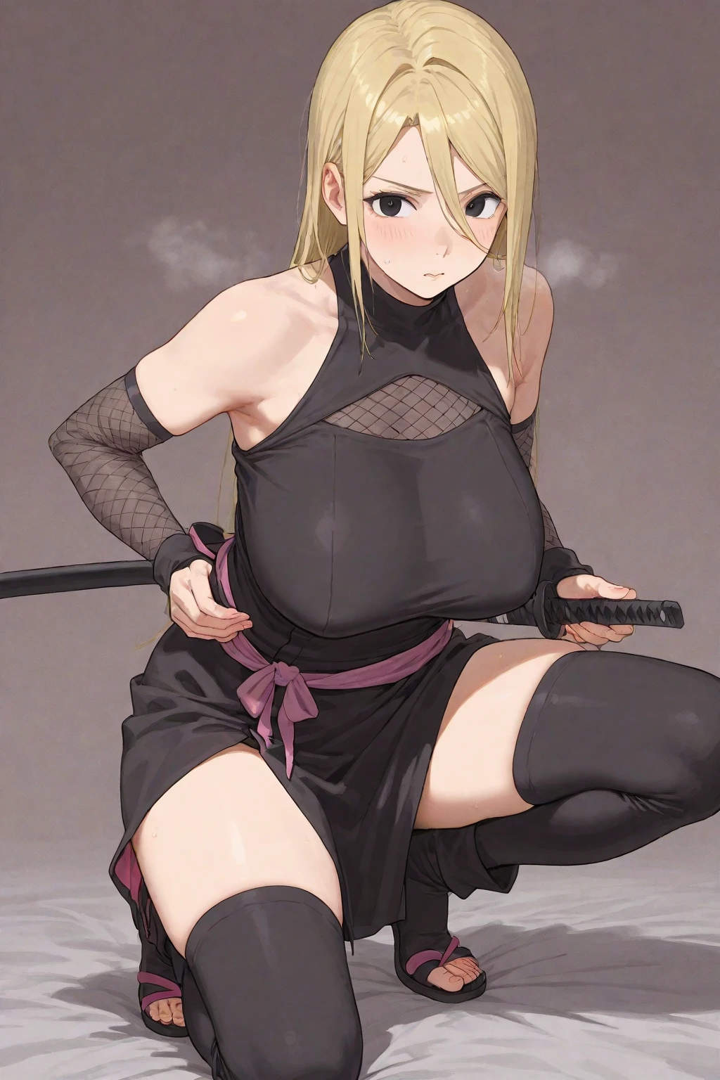 Tsunade, yellow eyes, ecchi, kunoichi, ninja outfit, seductive, cleavage, short skirt, fishnet stockings, panties visible, seductive smile, blonde hair, ninja office, scrolls, ninja tools, warm lighting, flawless skin.