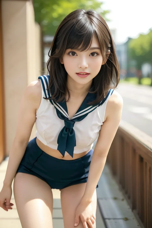 (((beautiful japanese high school girl))) 、1 person、(((In a park with beautiful summer greenery and flowers)))、doing a sexy pose、(((A skimpy sleeveless blue sailor suit)))、(((super mile))、photorealistic、distinct、beautiful detailed eyes、hyper realism、high contrast、Ultra HD、realistic skin texture、Highest image quality、highest quality、ultra high resolution、Finely detailed、very carefully