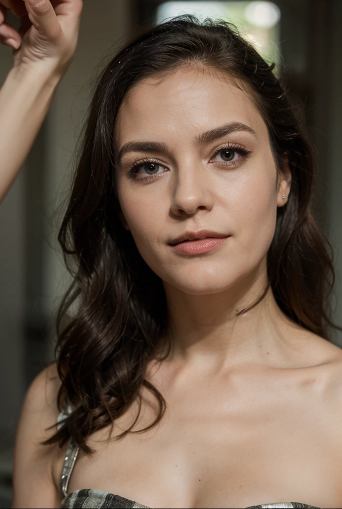 AstBrgs, a completely nude woman profile portrait over the shoulder with long hair and red lips and makeup, grey background, epic character composition