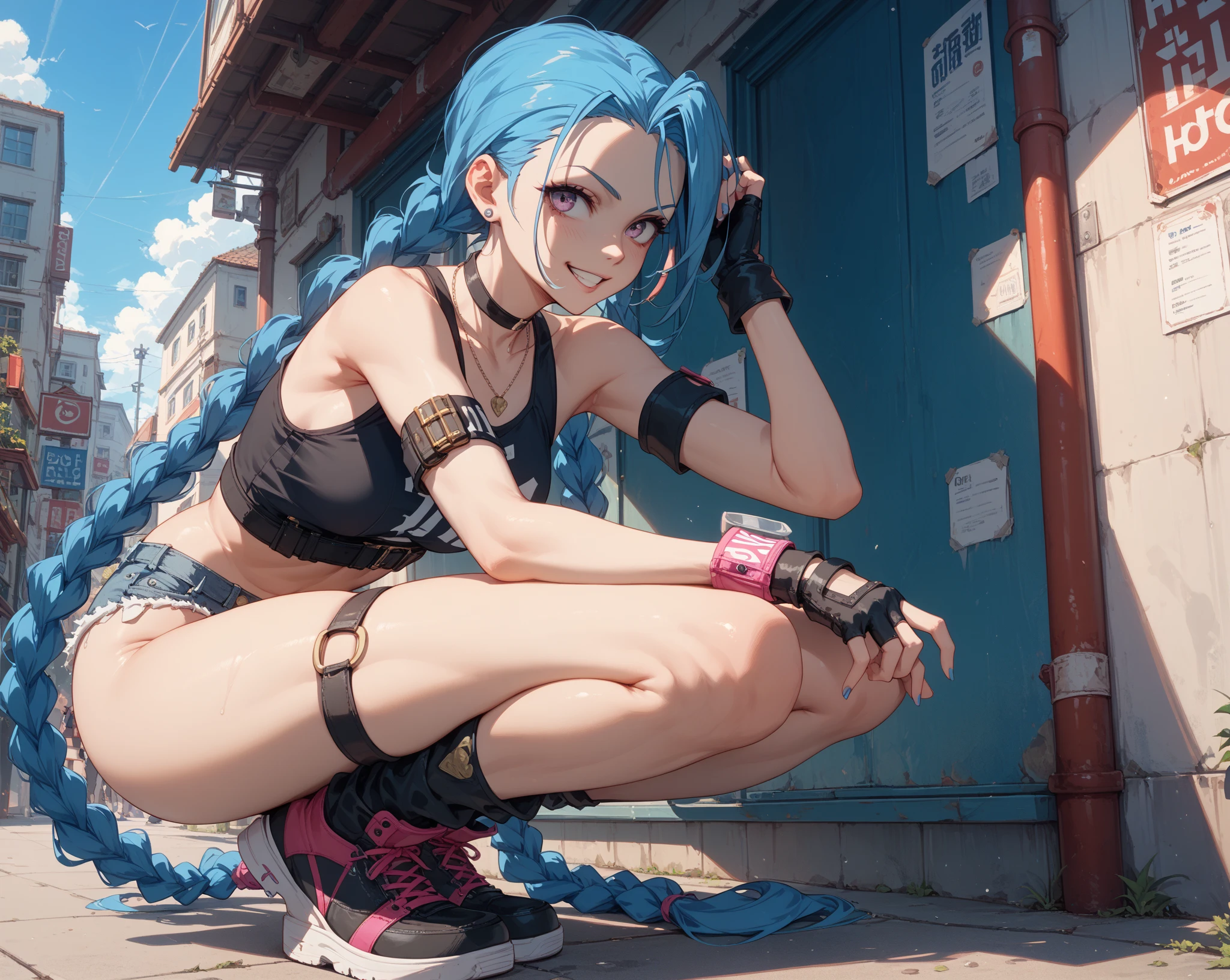 Long blue hair，Wears a yellow cat ear hair card，Chu Chu's moving eyes，There is a blue star in the left eye，Cherry small mouth，A light blue silk scarf is wrapped around his neck，The muscles of the arms are soft，with fair skin，Wears a red bracelet on his left wrist，The ring finger of the right hand wears a pink diamond，B cup，the golden ratio，4K分辨率，She has fair legs and is dressed in rose，Wearing a sports vest with a cherry blossom pattern，Wearing a short black lace skirt --auto