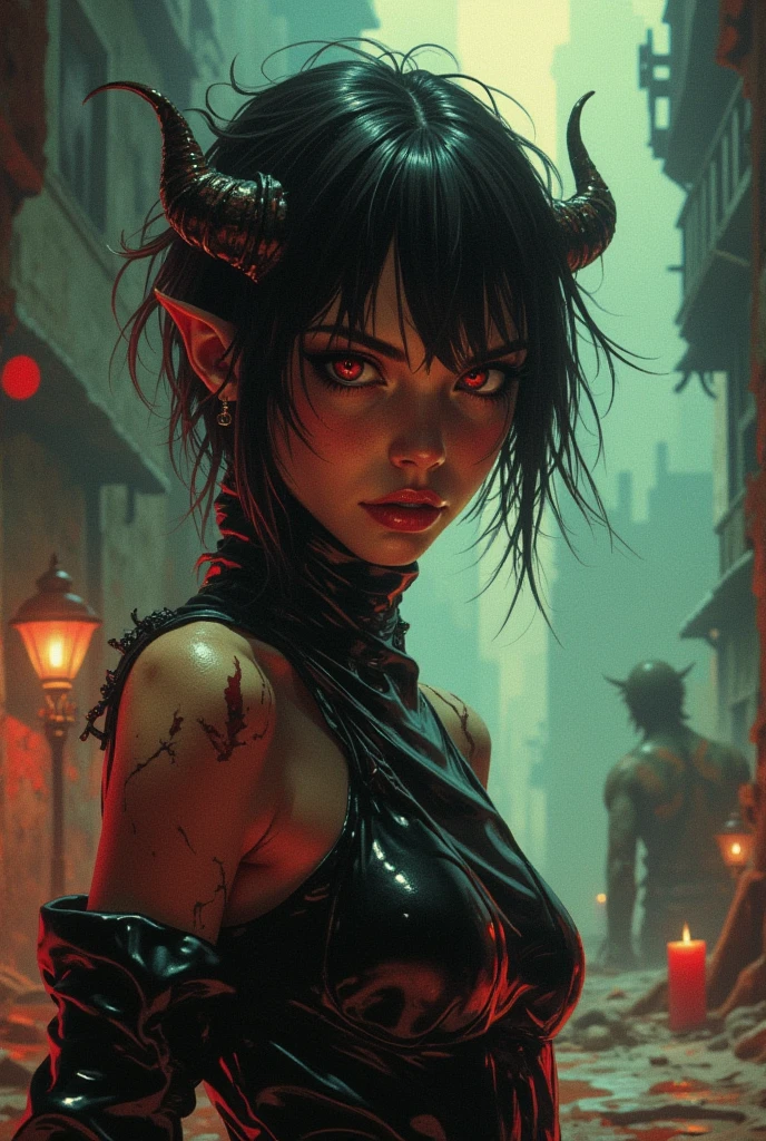 ((NSFW)), ((Mediovale)), uma mulher Tiefling, reddish skin, ram horns, full body, completely white eyes, scar on the lips on the right side, Bblack hair, hair tied in a bun, scraping both sides, a braid on each side of the bangs.