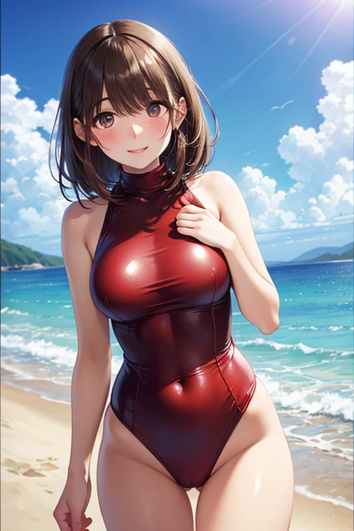 masterpiece, 1girl, Red swimsuit, sea, black hair, black eyes, big smile