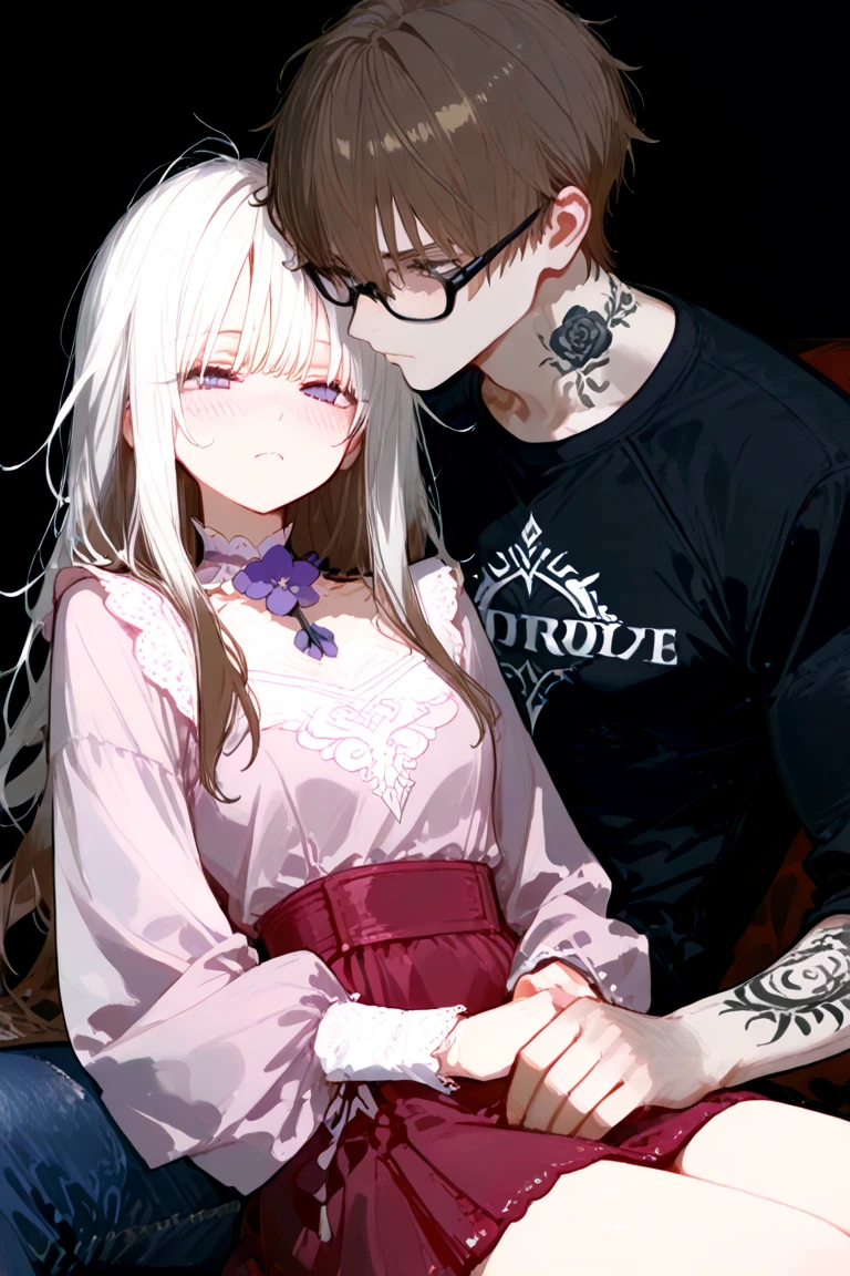 A white haired man with red eyes is kissing a pregnant  pink haired woman with violet eyes in  Gothic dress.