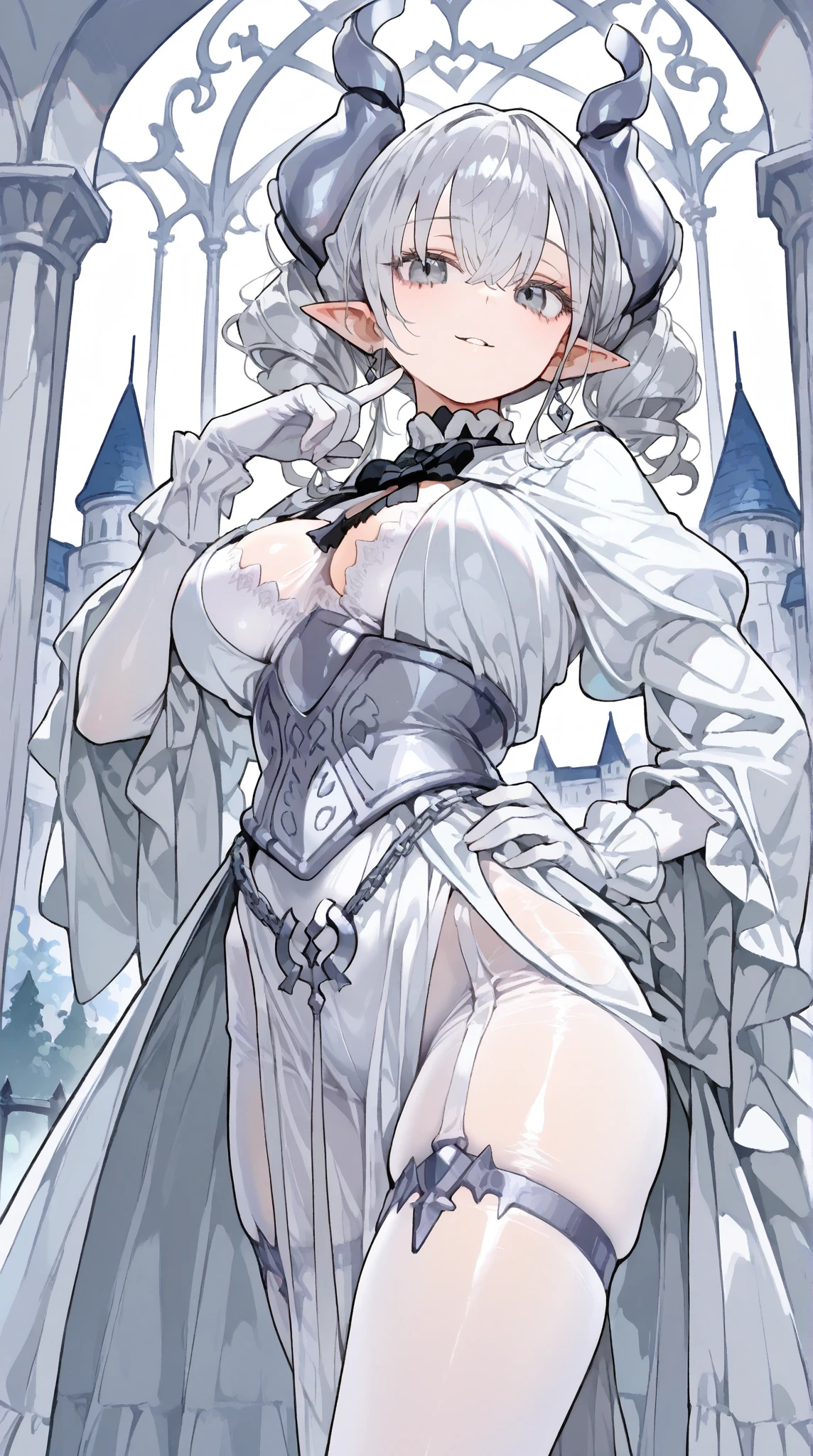 table top High level image quality best image quality 8K adult woman whole body view portrait pure white long gloves(elbow gloves) white long dress(slit) white wolf ears short hair((shortcut)(gray hair)(perm)(fluffy)) eye color is blue attractive evil face((smile)( open your mouth))nightfall moonlight sexy pose , crossed legs style in detailed , lying, labrynth , view all body from side , face focus (Crystal chandelier)