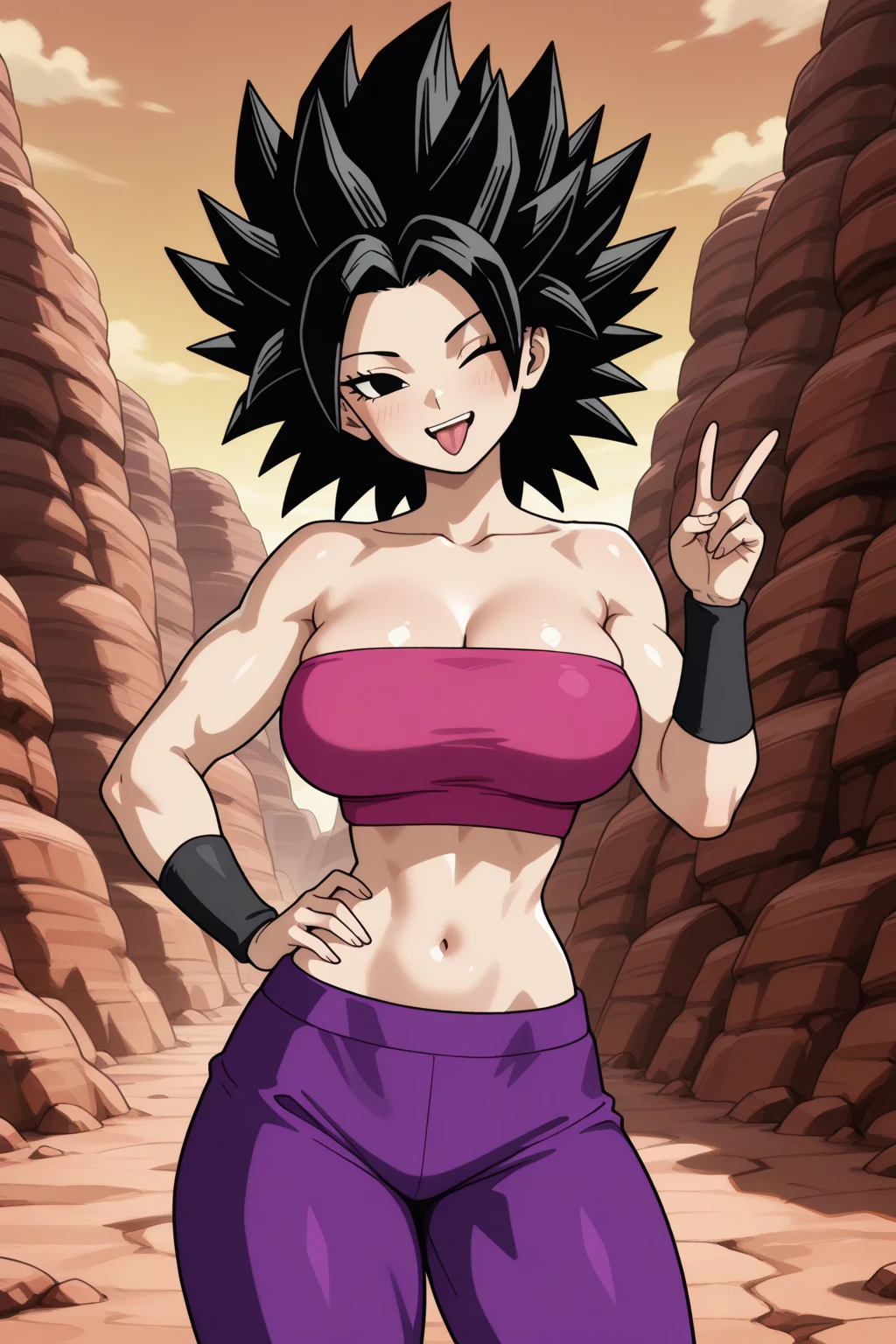 masterpiece, best quality, defcaulifla, black hair, black eyes, tube top, purple pants, bracers, looking at viewer, smirk, furrowed brow, smile, green sky, mountains, rock formations, from above, standing, close-up