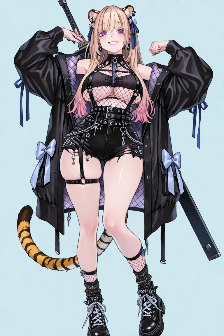 Beautiful woman, Sparkly eyes, false eyelashes, pink lips, big and full breasts, upper arm, Thumb and four fingers, anatomically correct fingers, detailed description, shiny skin, tiger girl, tiger ears, tiger tail, sexy, Tiger print clothing, Jacket, belt, mini skirt, black stockings,