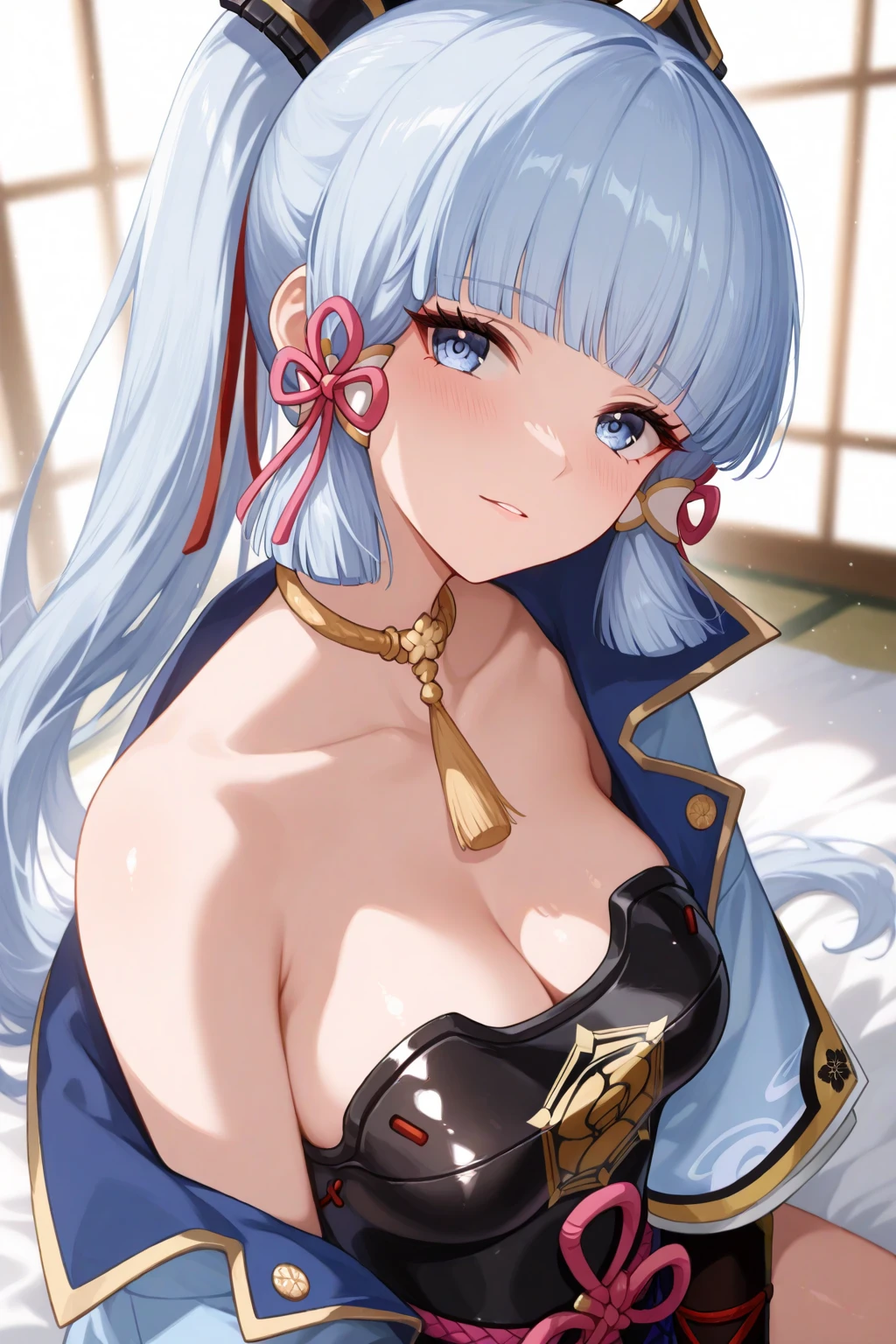 tmasterpiece，Best quality at best，1girll，独奏，a mature female，Ganyu \（Genshin Impact \），greybackground，simple backgound，（kbxll：0.6），gigantic cleavage breasts，Busty body，thick leg