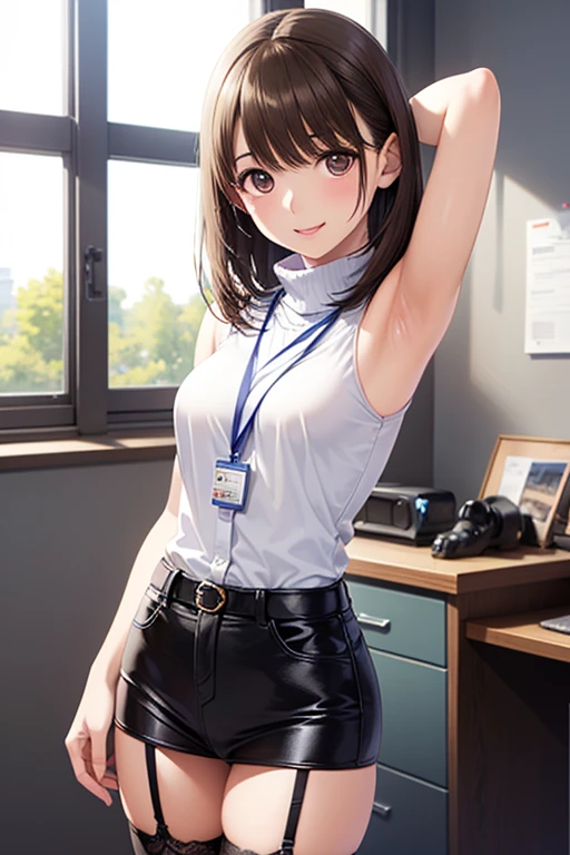 (High quality, High resolution, Fine details), Conference Room, Office Lady, (Sit on the desk), pread Legs), (Panty Shot), solo, curvy women, light brown hair, sparkling eyes, (Detailed eyes:1.2), smile, blush, Sweat, Oily skin, shallow depth of field